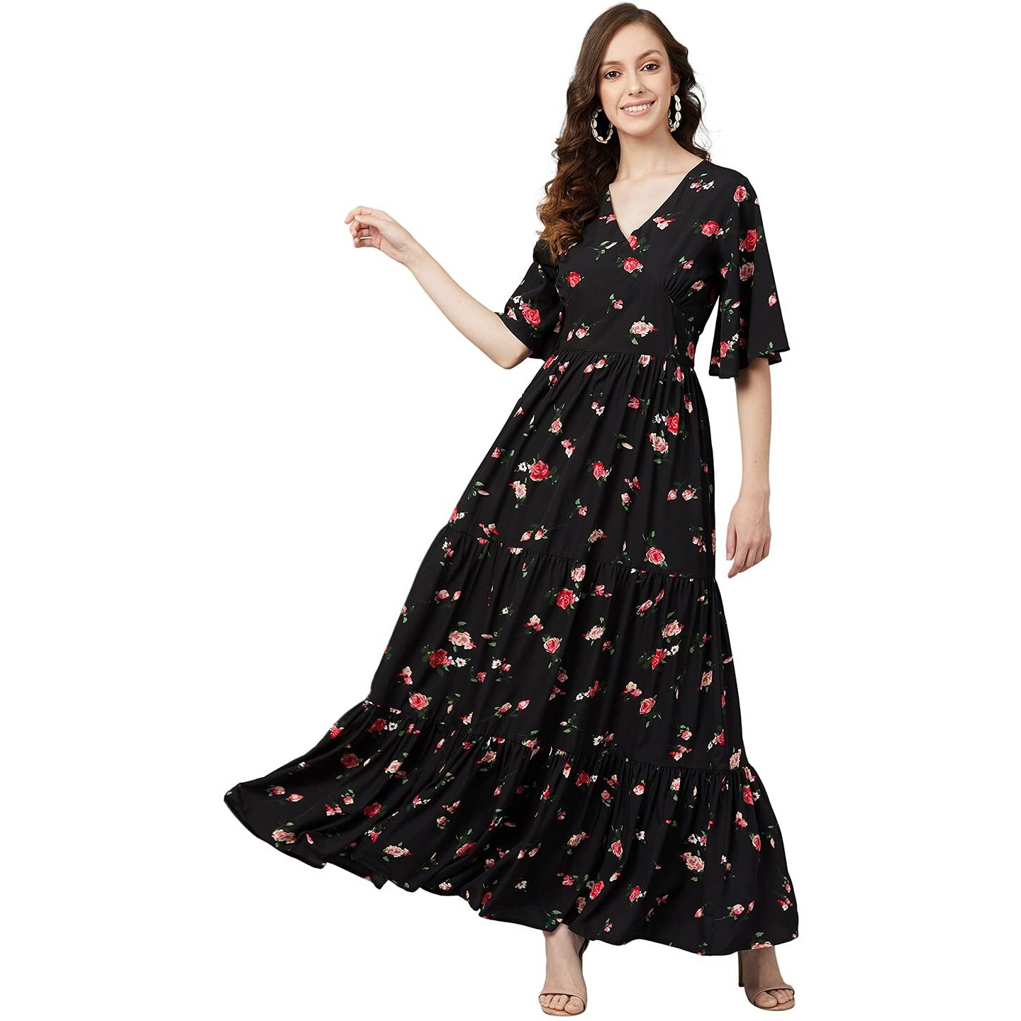 Rare Women's Crepe Fit And Flare Maxi Casual Dress (Ep6216_Black_X-Large)