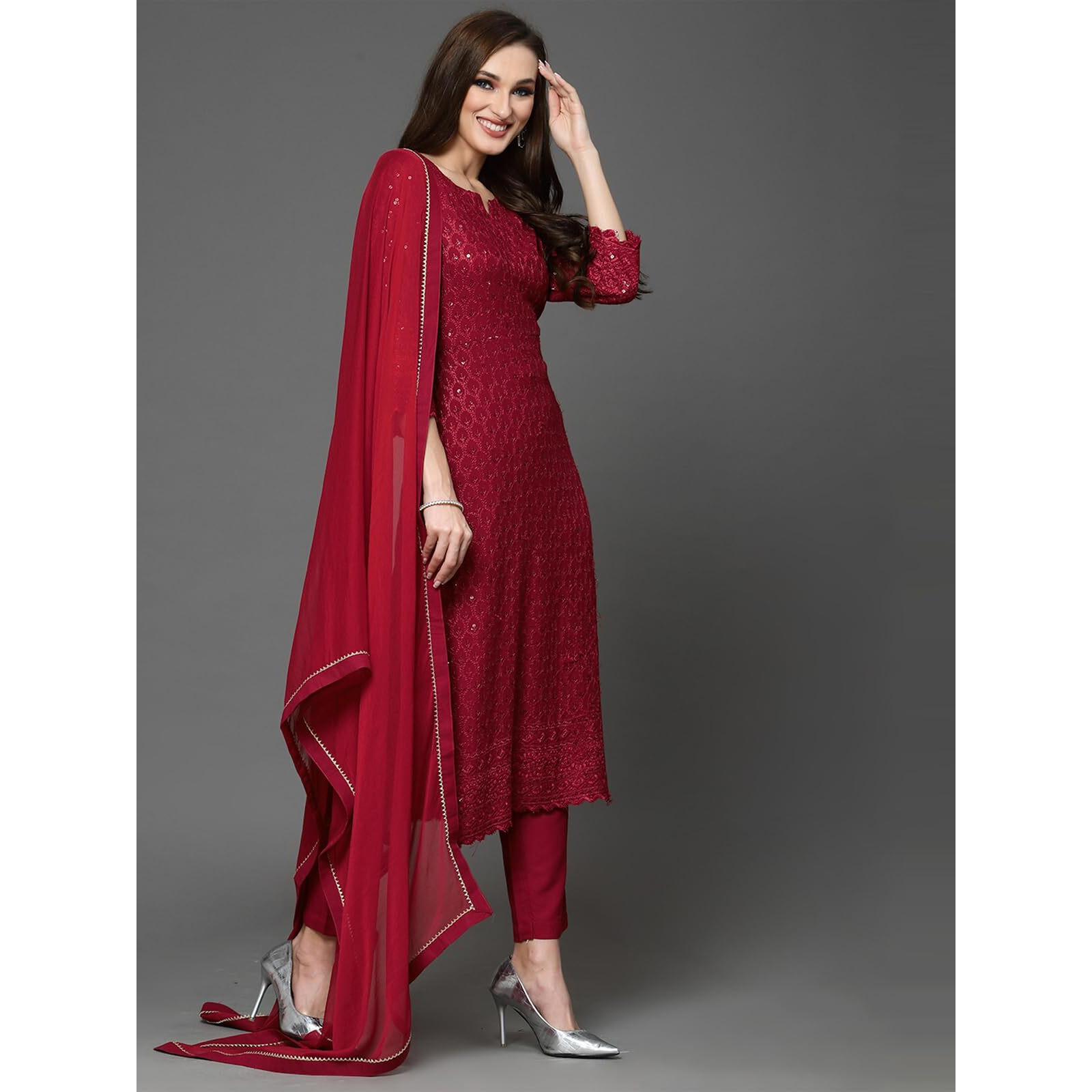 Sanisa Women's Rayon Sequence Embroidery Work Straight Kurta With Pant And Plain Dupatta (46Kbd553Nz-S_Maroon)