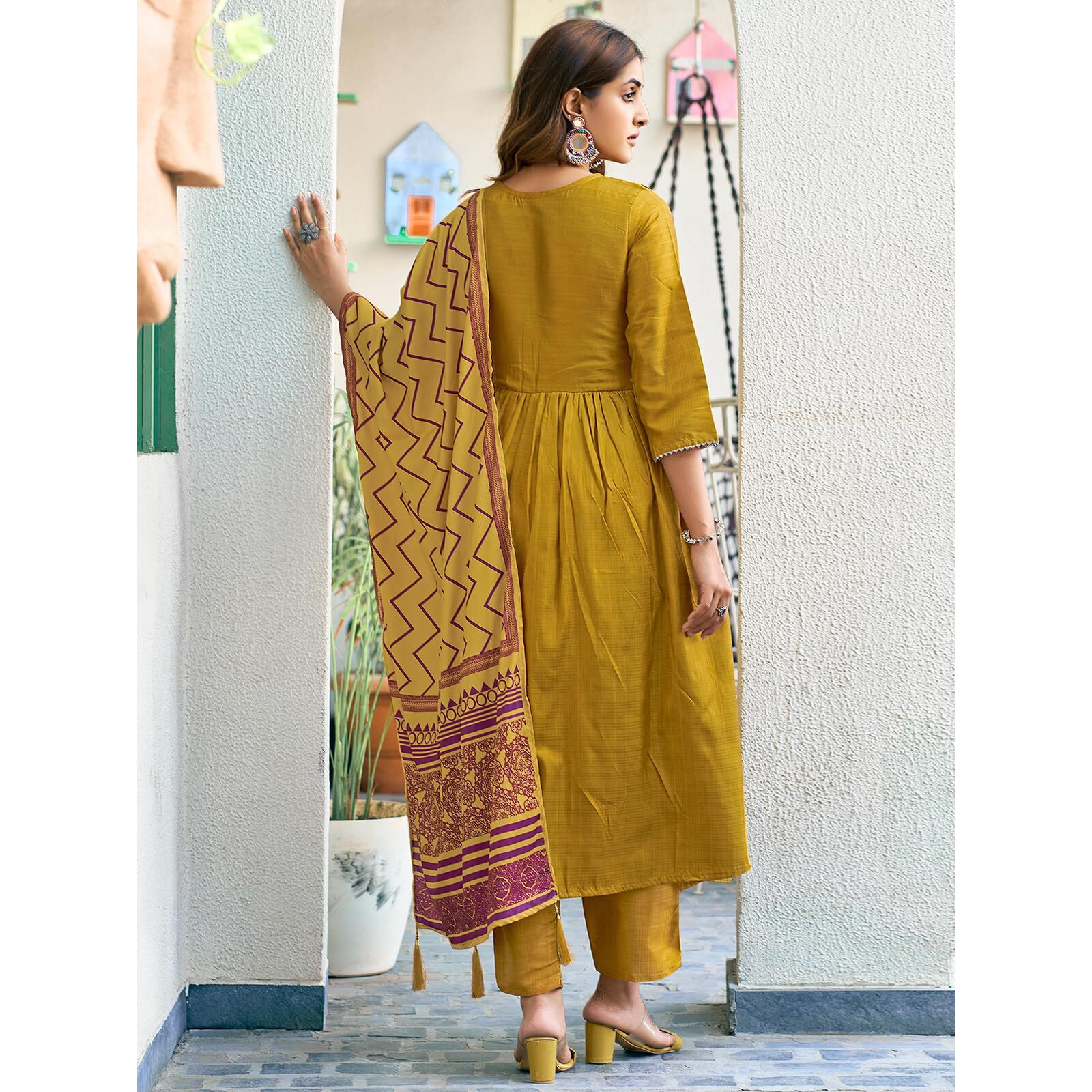 Sanisa Women's Art Silk Sequence Embroidery Work Gota Lace Alia Cut Kurta With Pant And Dupatta Set| Ethnic Set | Suit Set | Kurta Set(163Kbd1759N-L_Mustard Yellow)