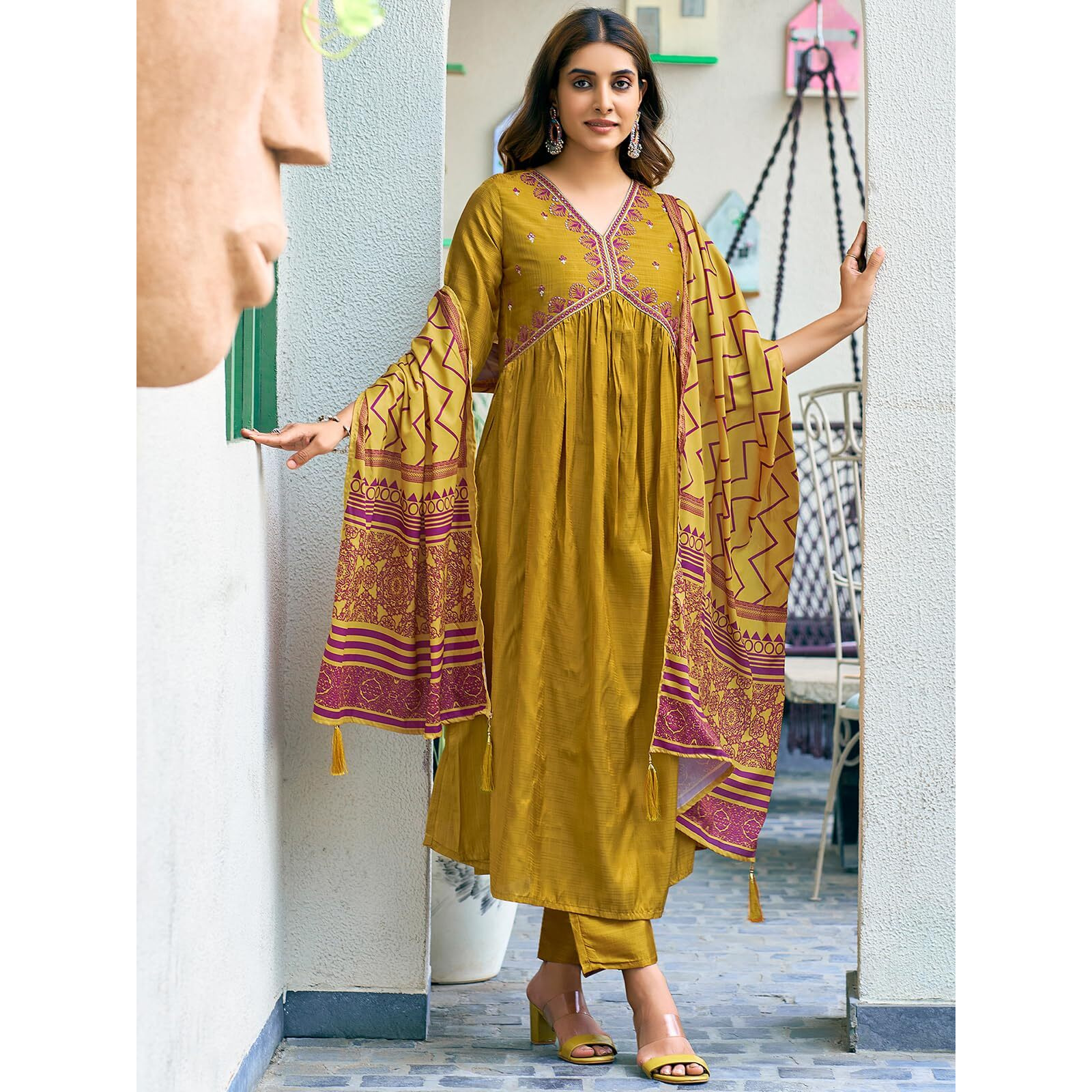 Sanisa Women's Art Silk Sequence Embroidery Work Gota Lace Alia Cut Kurta With Pant And Dupatta Set| Ethnic Set | Suit Set | Kurta Set(163Kbd1759N-L_Mustard Yellow)