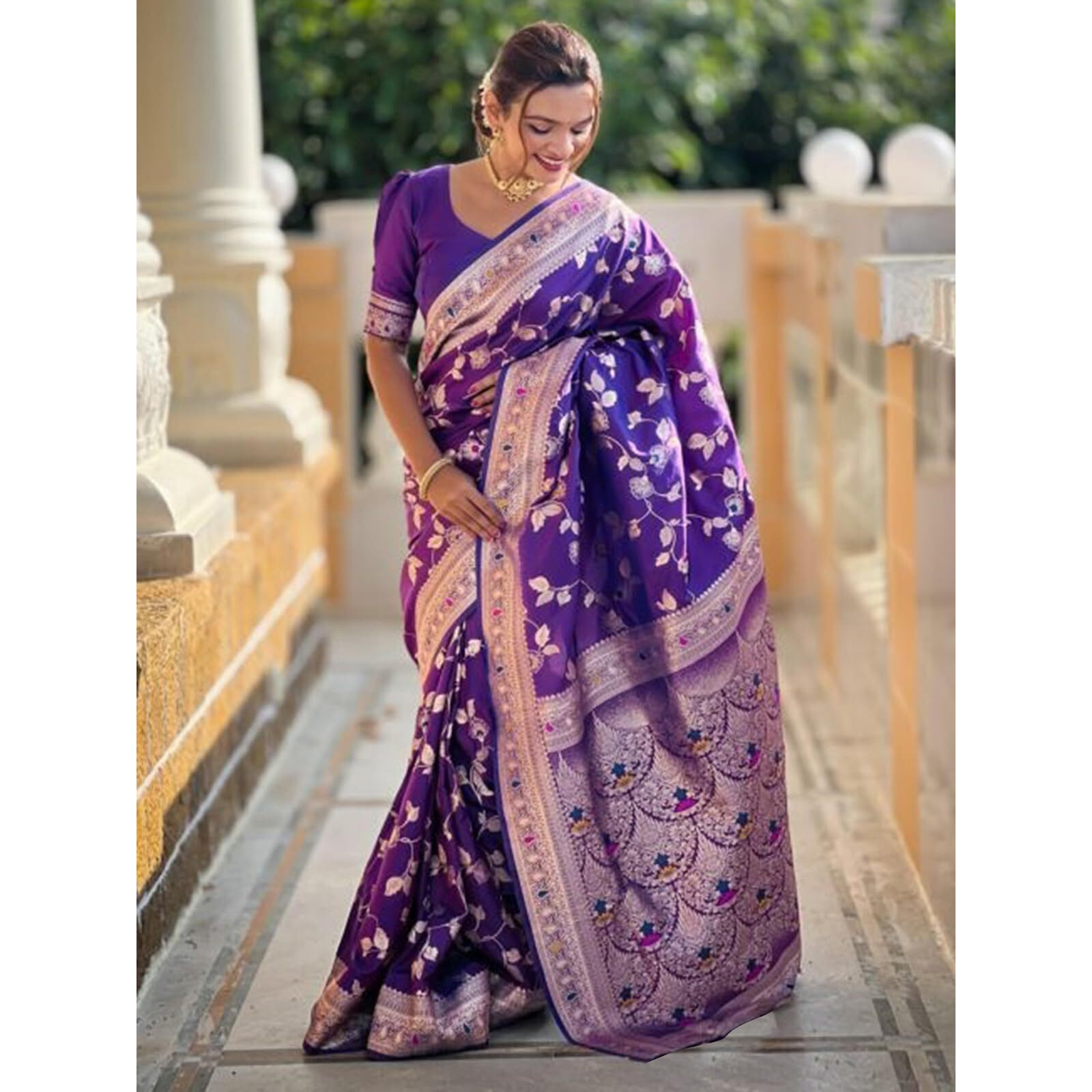 Satrani Women's Silk Blend Banarasi Jacquard Saree With Unstitched Blouse Piece (4082S103N_Purple)