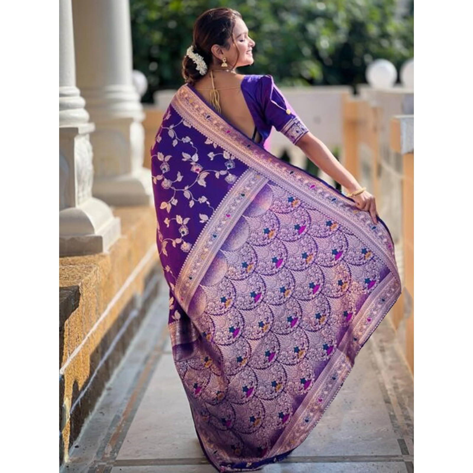 Satrani Women's Silk Blend Banarasi Jacquard Saree With Unstitched Blouse Piece (4082S103N_Purple)