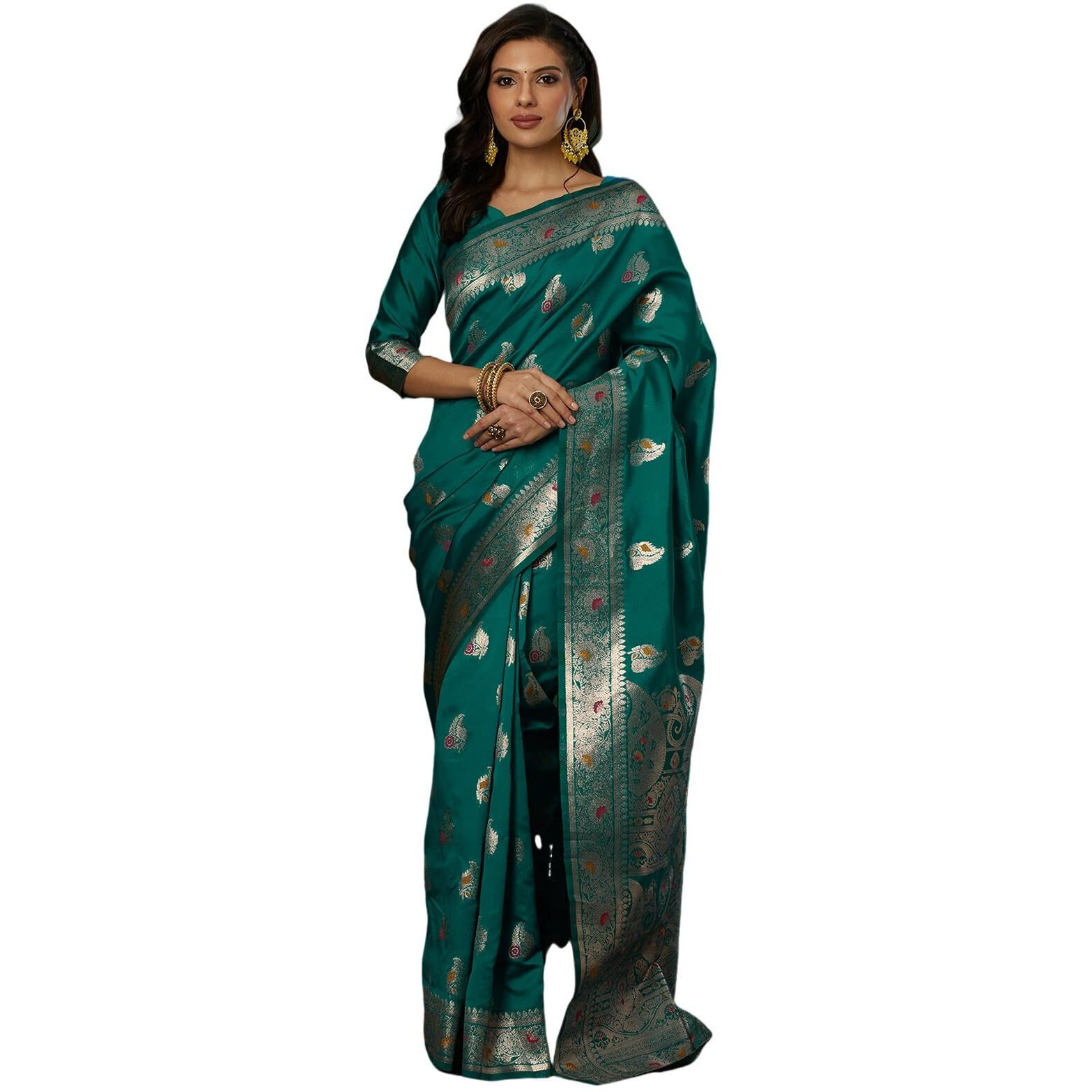 Satrani Women's Silk Blend Weaving Banarasi Saree With Unstitched Blouse Piece (4106S759N_Teal Green2)