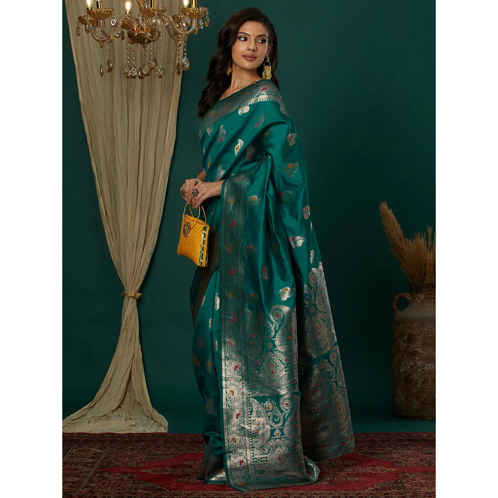 Satrani Women's Silk Blend Weaving Banarasi Saree With Unstitched Blouse Piece (4106S759N_Teal Green2)