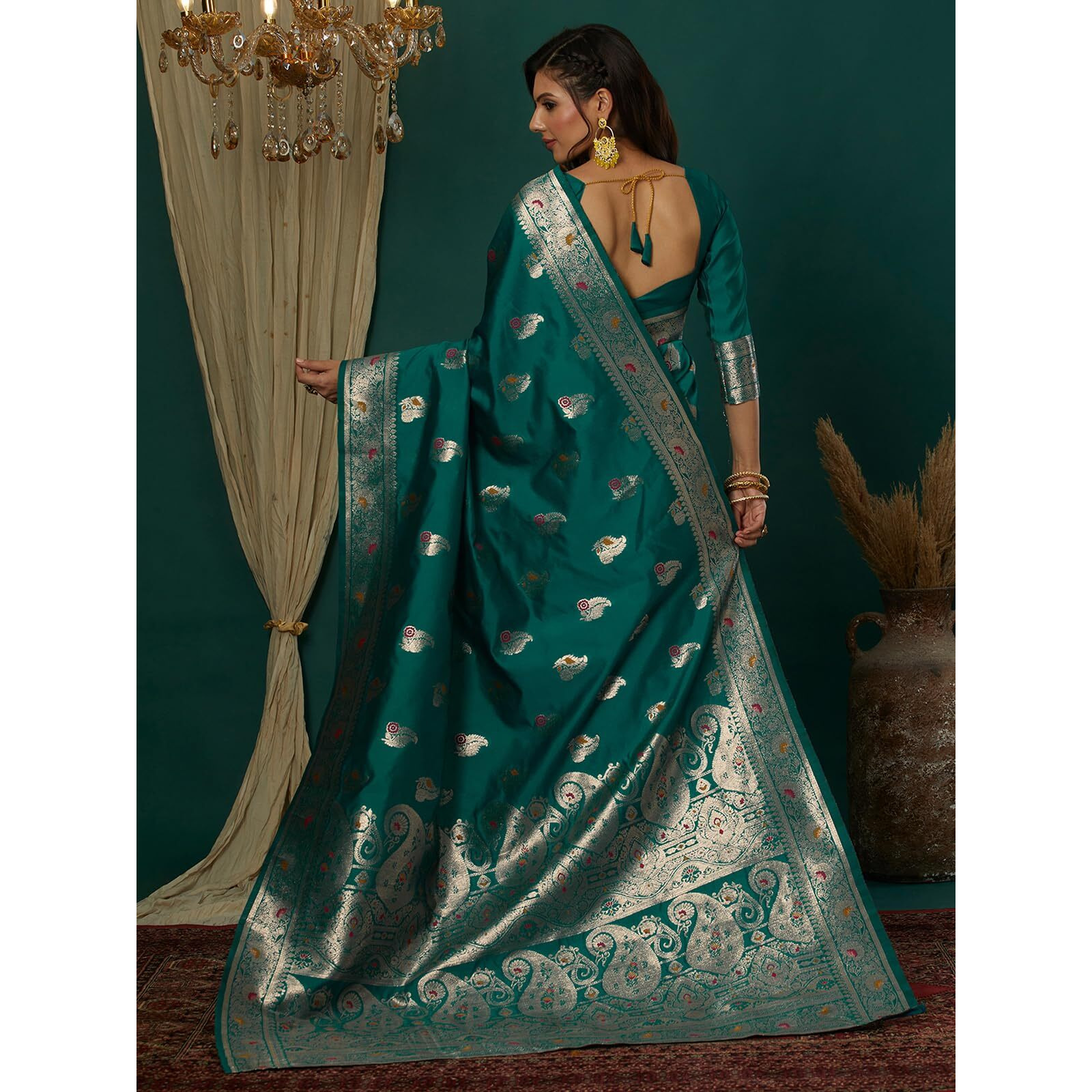 Satrani Women's Silk Blend Weaving Banarasi Saree With Unstitched Blouse Piece (4106S759N_Teal Green2)