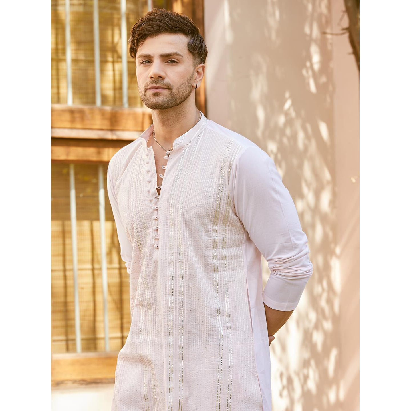 See Designs Men Full Sleeve Pink Cotton Pintex Design Sequins Mandarin Collar Side Slit Kurta - Sd2Kt_2460L