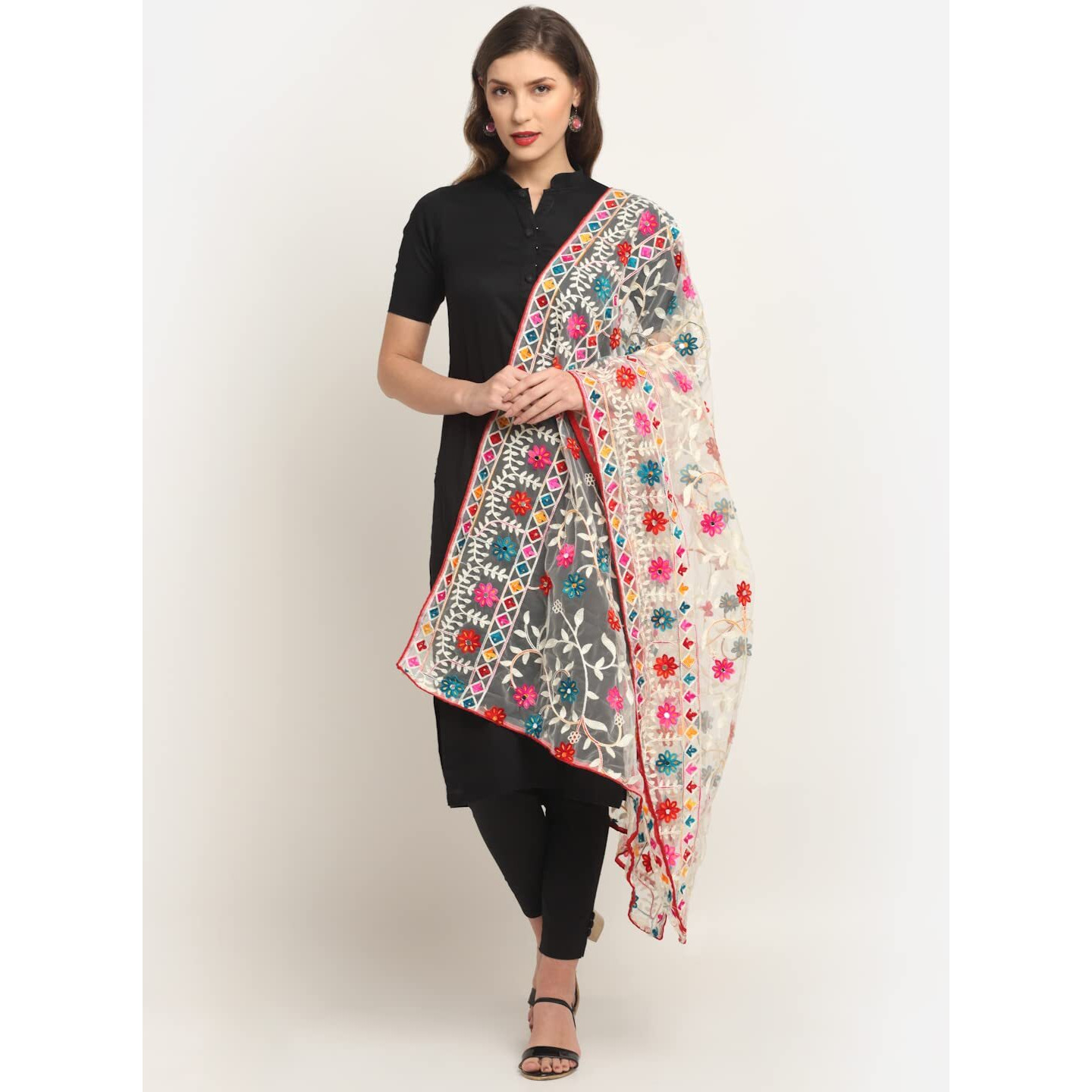 Shasmi Women's Heavy White Colour Net Embroidered Fancy Phulkari Work Dupatta For Women (White)