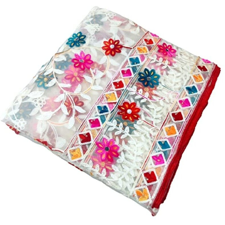 Shasmi Women's Heavy White Colour Net Embroidered Fancy Phulkari Work Dupatta For Women (White)