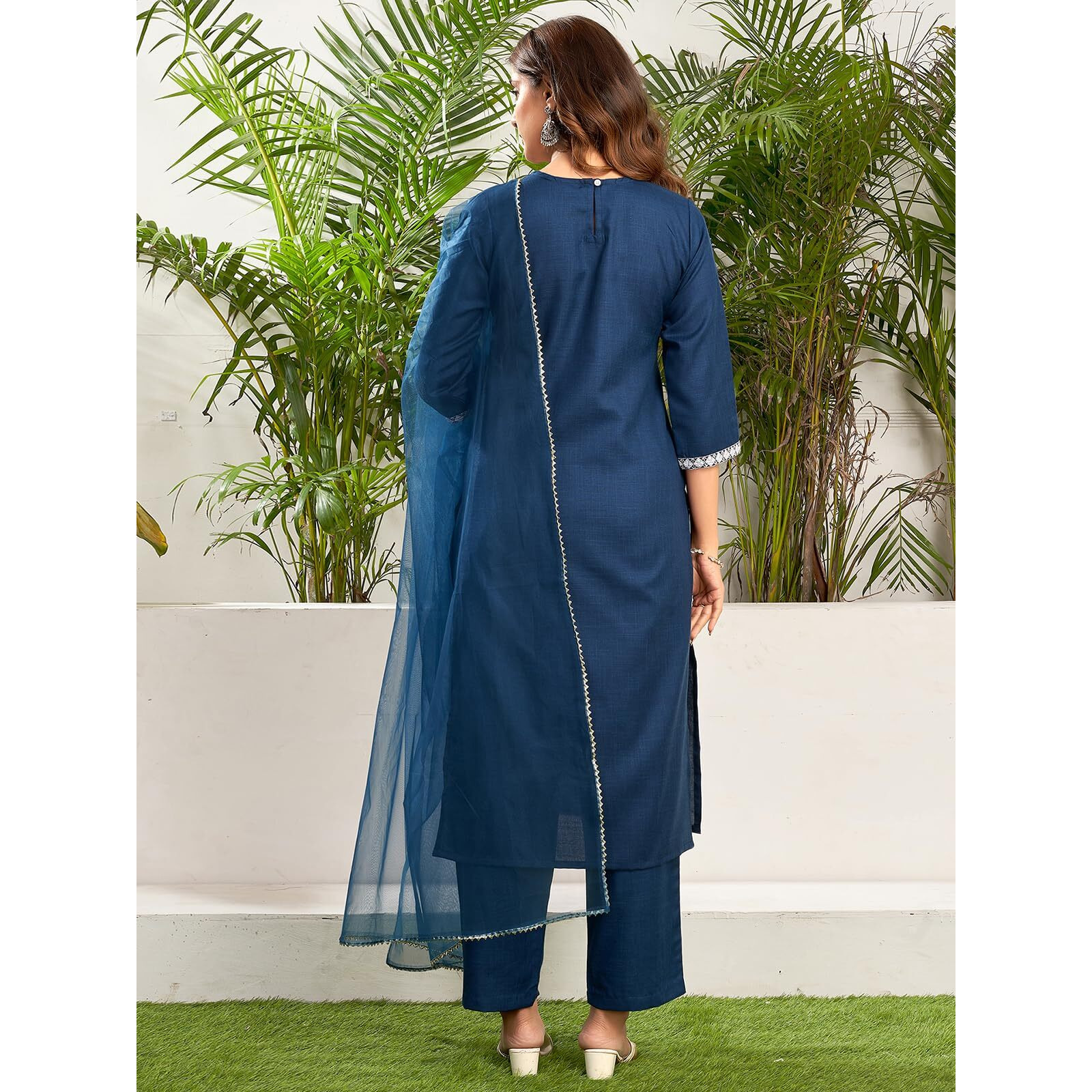 Sanisa Women's Cotton Blend Sequence And Embroidery Work Straight Kurta With Pant And Dupatta Set (198Kbd2103N-M_Dark Blue)