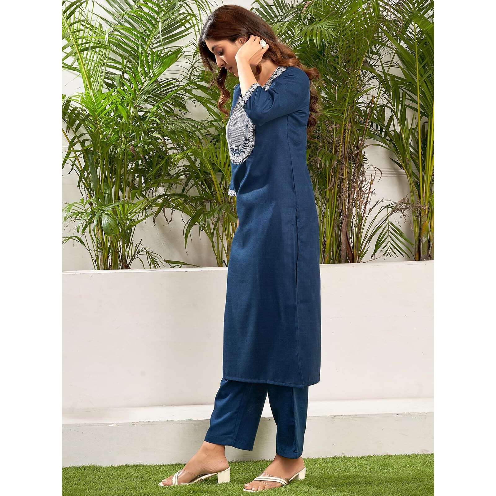 Sanisa Women's Cotton Blend Sequence And Embroidery Work Straight Kurta With Pant And Dupatta Set (198Kbd2103N-M_Dark Blue)