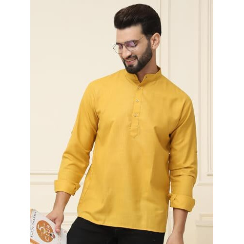 Sojanya (Since 1958, Men's Cotton Blend Mustard Solid Only Short Kurta