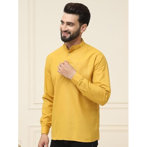 Sojanya (Since 1958, Men's Cotton Blend Mustard Solid Only Short Kurta