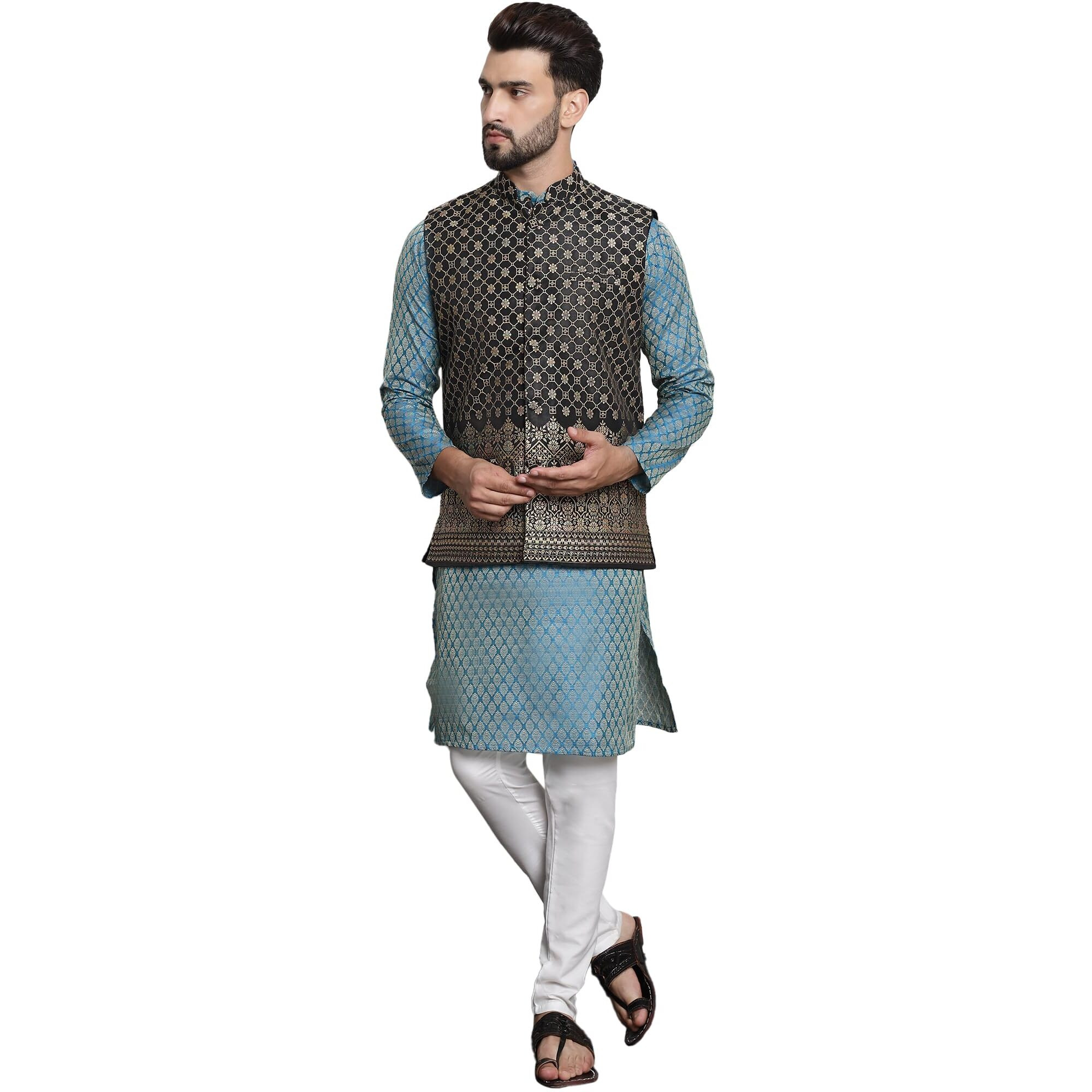 Sojanya (Since 1958 Men's Jacquard Silk Tgreen Kurta And Off-White Pyjama With Black Nehru Jacket