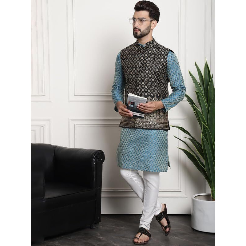 Sojanya (Since 1958 Men's Jacquard Silk Tgreen Kurta And Off-White Pyjama With Black Nehru Jacket