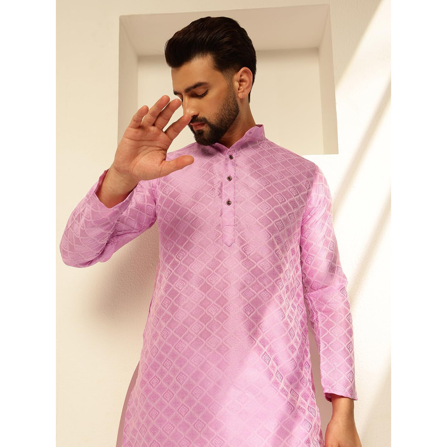 Sojanya (Since 1958 Men's Jacquard Silk Woven Motifs Lavender Long Kurta