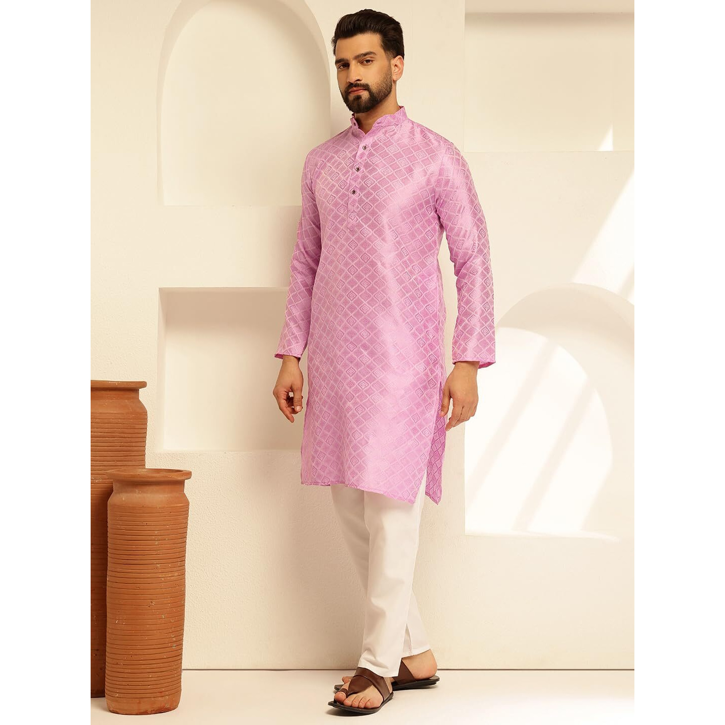 Sojanya (Since 1958 Men's Jacquard Silk Woven Motifs Lavender Long Kurta