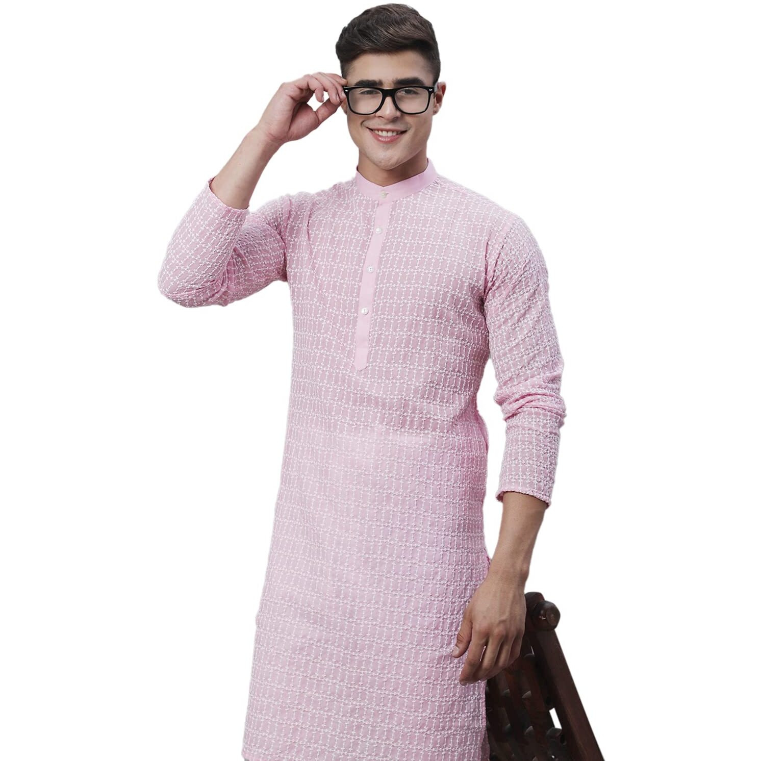 Sojanya (Since 1958 Men's Pure Cotton Pink Kurta With White Embroidery