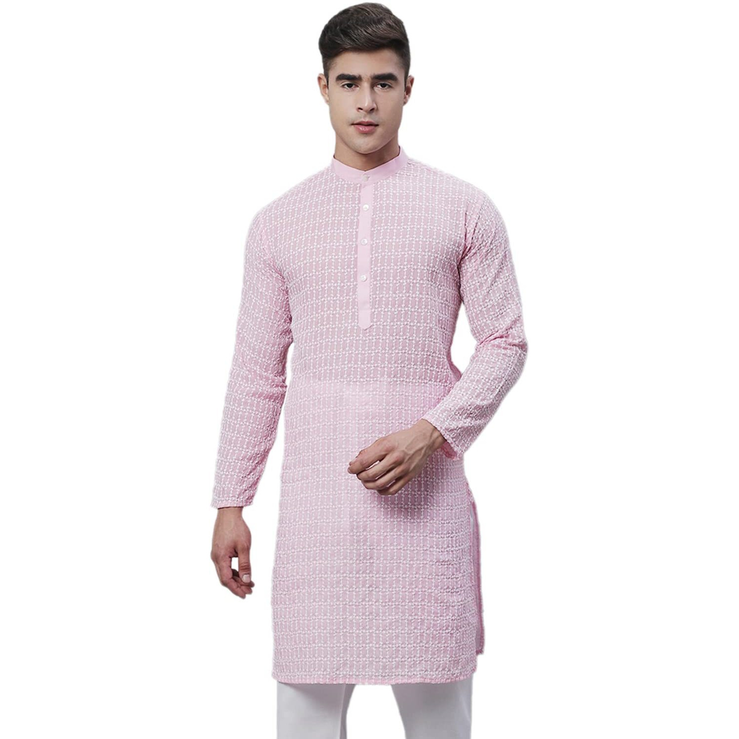 Sojanya (Since 1958 Men's Pure Cotton Pink Kurta With White Embroidery