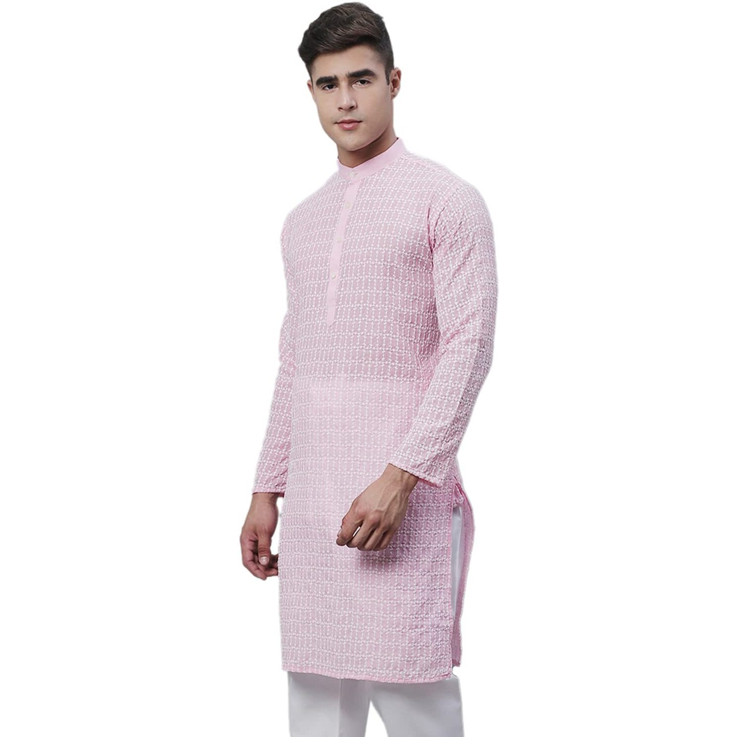 Sojanya (Since 1958 Men's Pure Cotton Pink Kurta With White Embroidery