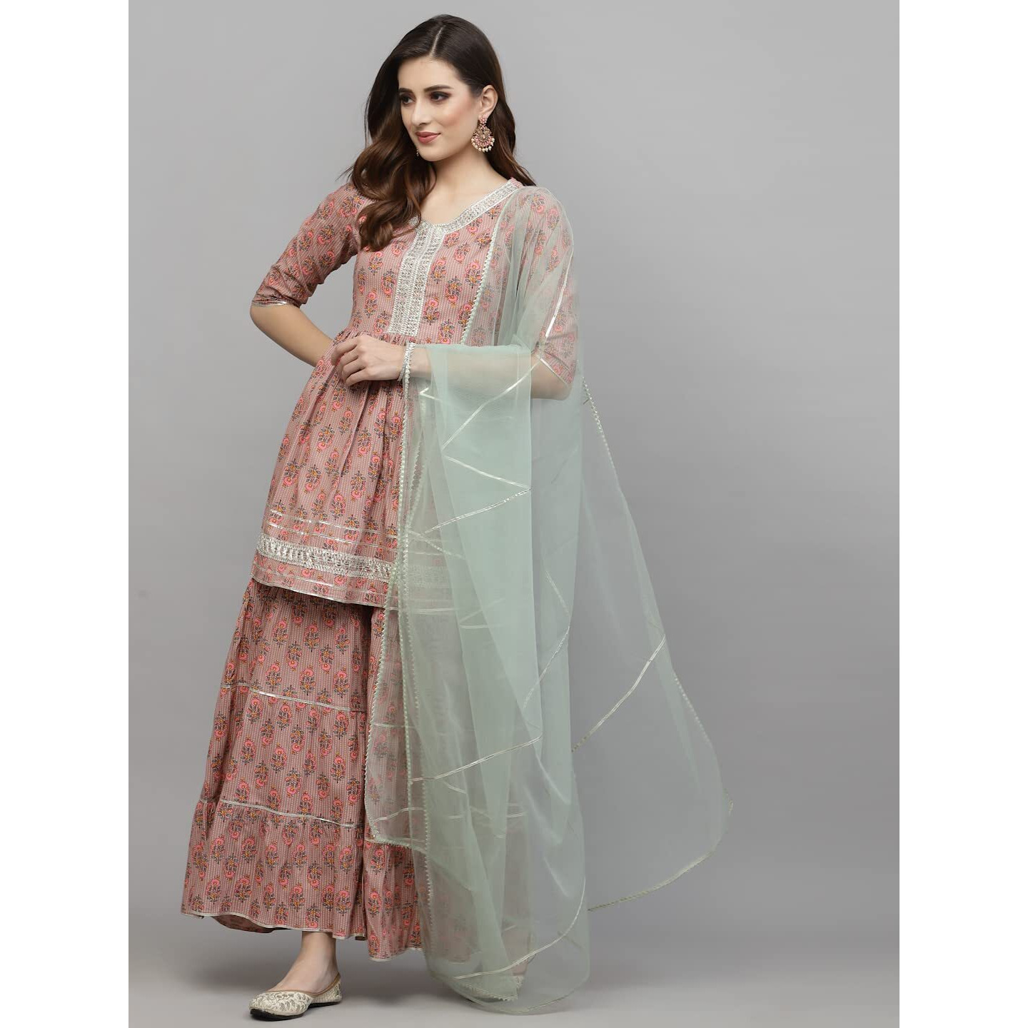 Stylum Women's Floral Printed Rayon Kurta Sharara Dupatta Set (Ksdmogra44_Peach, Xxl)