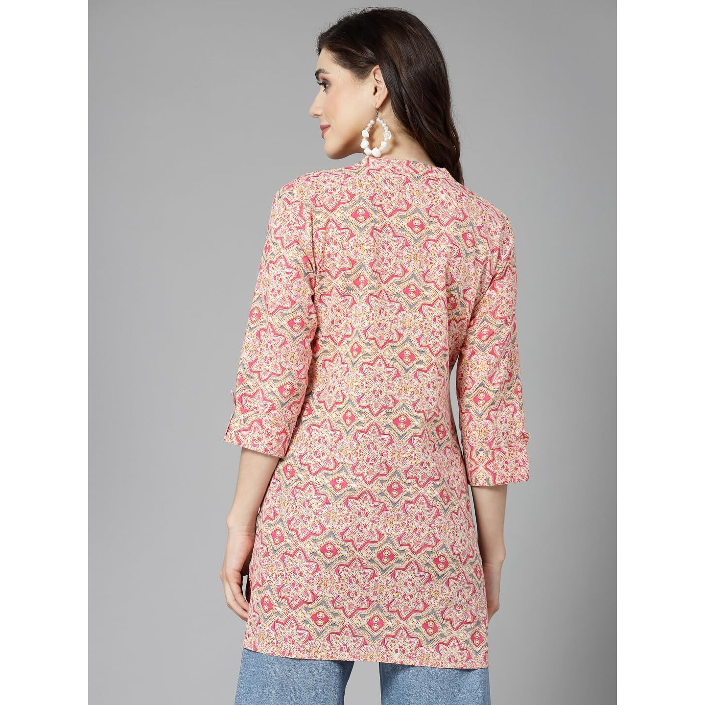 Stylum Women's Printed & Embroidered Cotton Kurti (Roman40_Pink, L)