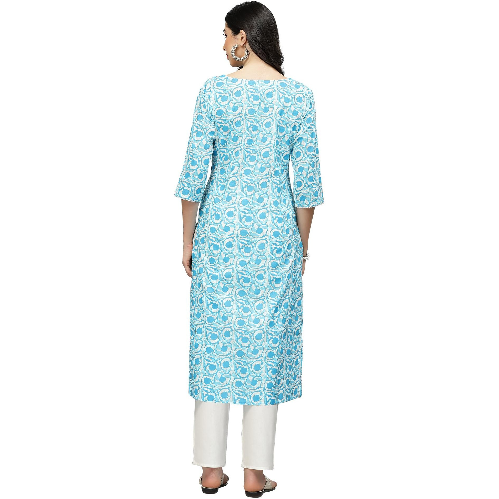 Stylum Women's Indigo Printed Cotton Slub Straight Kurta (Skybird46_Light Blue, 3Xl)