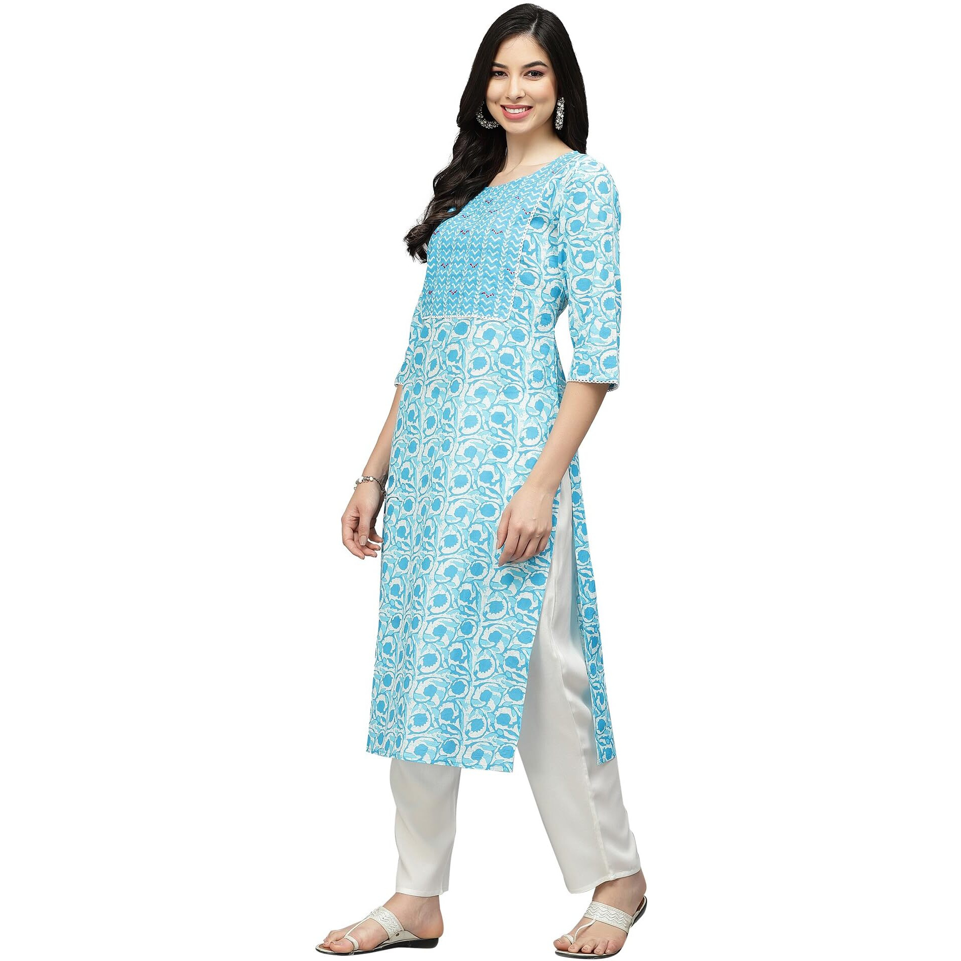 Stylum Women's Indigo Printed Cotton Slub Straight Kurta (Skybird46_Light Blue, 3Xl)