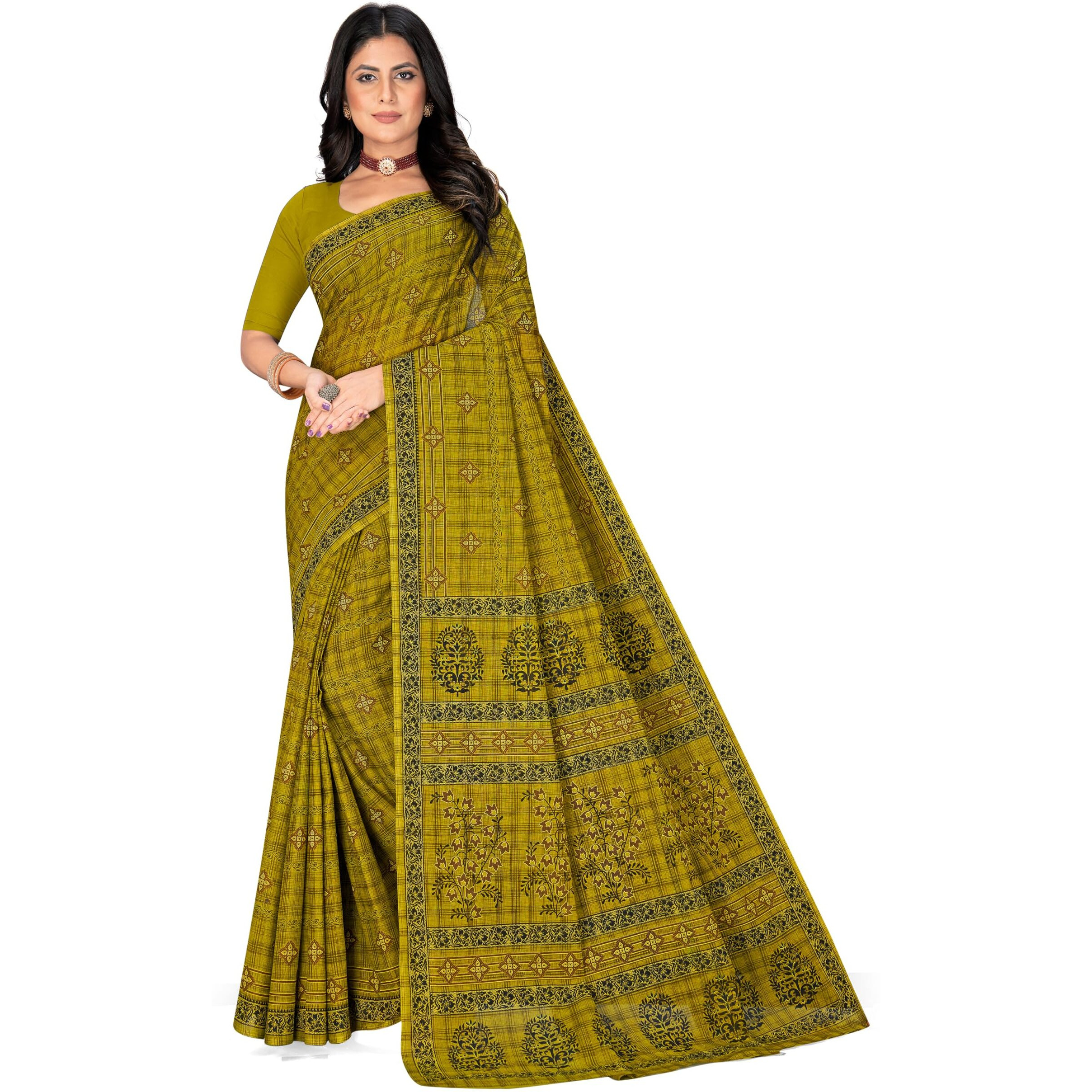 Tamaira Fashion Women's Printed Pure Cotton Mulmul Saree Without Blouse Piece(11617_Mehendi)