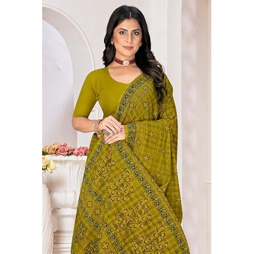 Tamaira Fashion Women's Printed Pure Cotton Mulmul Saree Without Blouse Piece(11617_Mehendi)