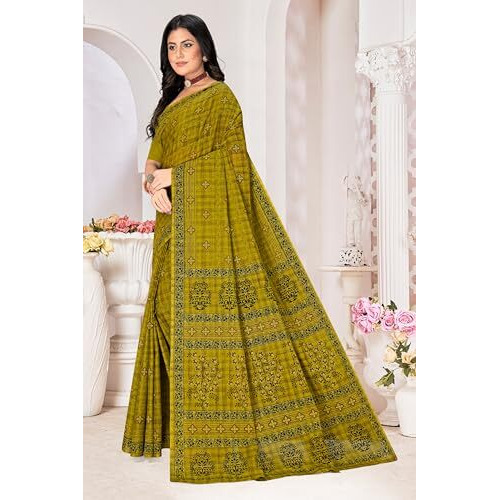 Tamaira Fashion Women's Printed Pure Cotton Mulmul Saree Without Blouse Piece(11617_Mehendi)