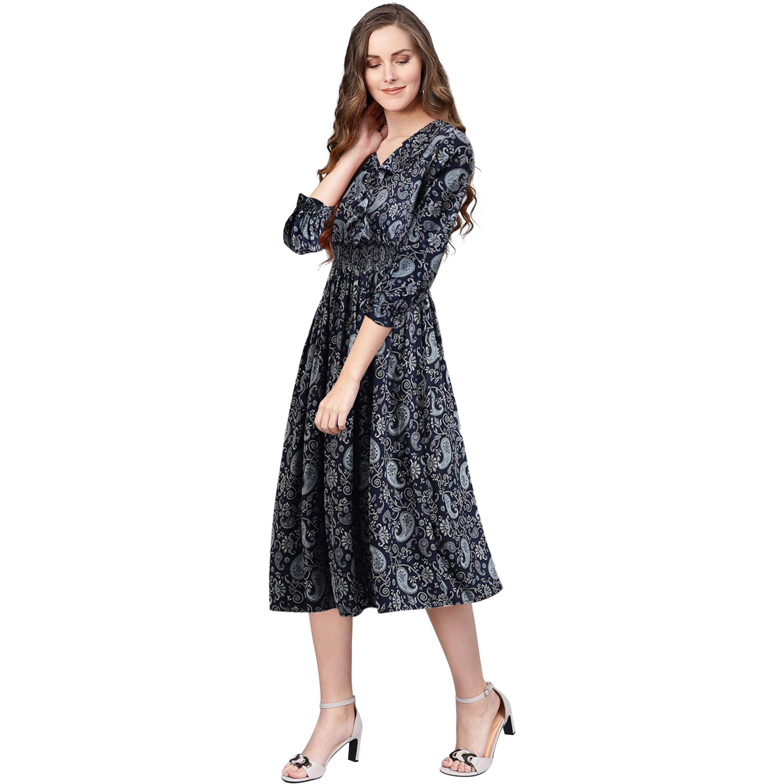 Toochki Women's Navy Blue Rayon Paisley Print Fit & Flared Western Dress | A-Line Midi | Winter | Latest | Trendy