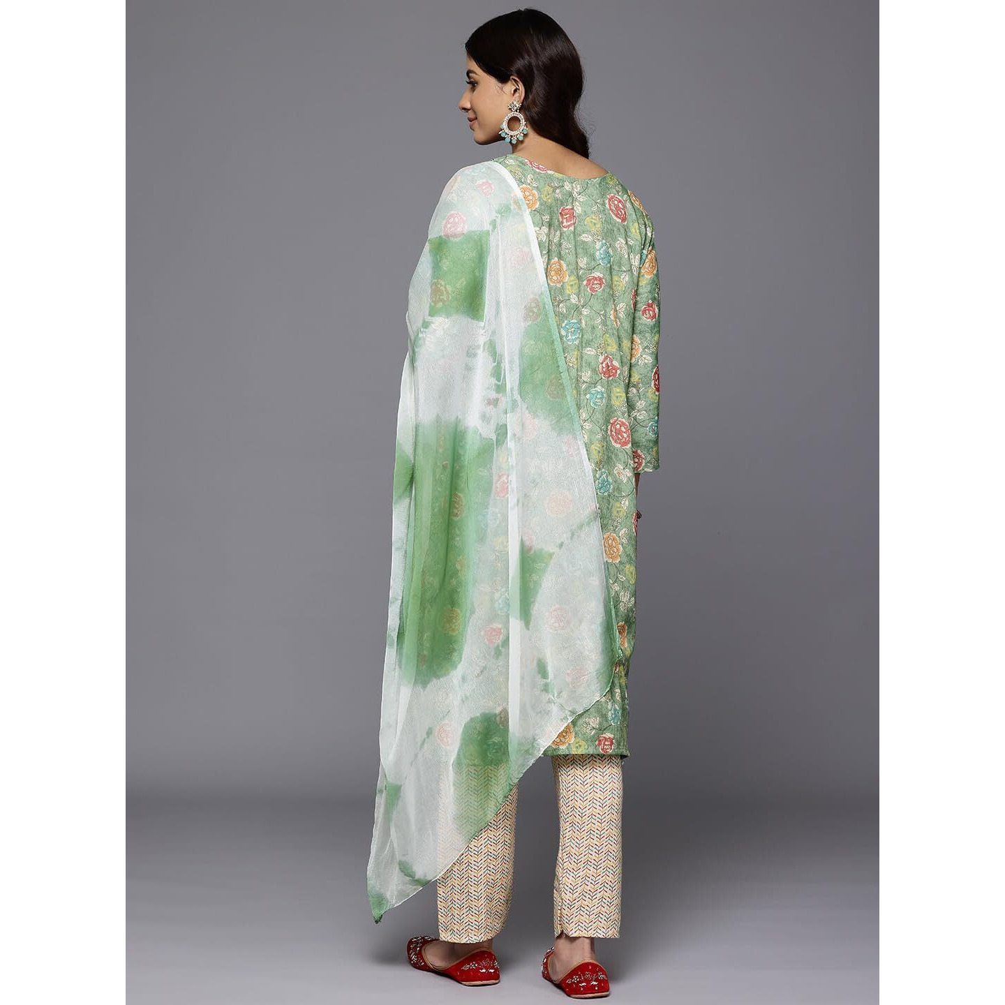 Varanga Women's Mint Green Embroidered Yoke Printed Kurta With Bottom & Tie-Dye Dupatta Set (Double Extra Large)