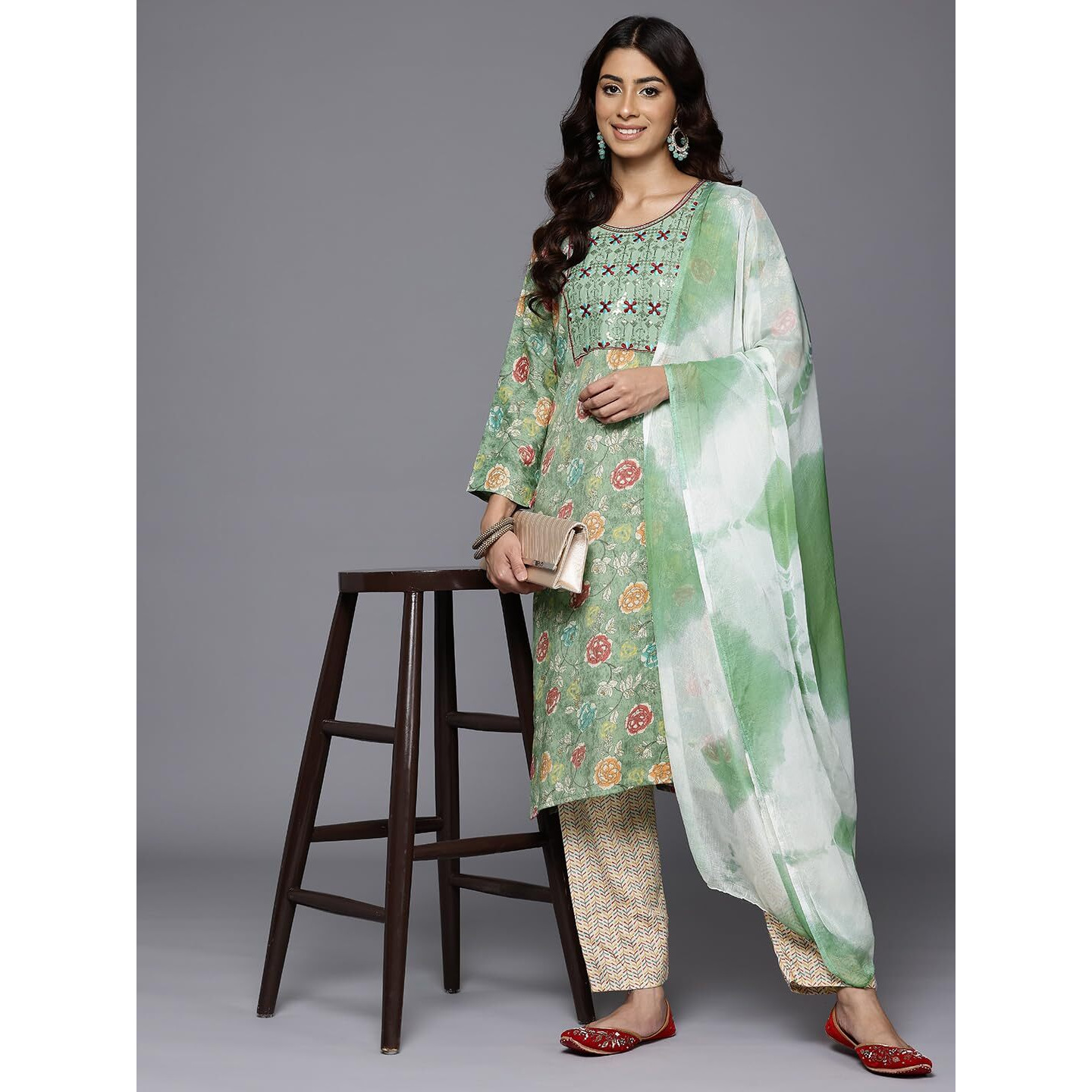 Varanga Women's Mint Green Embroidered Yoke Printed Kurta With Bottom & Tie-Dye Dupatta Set (Double Extra Large)