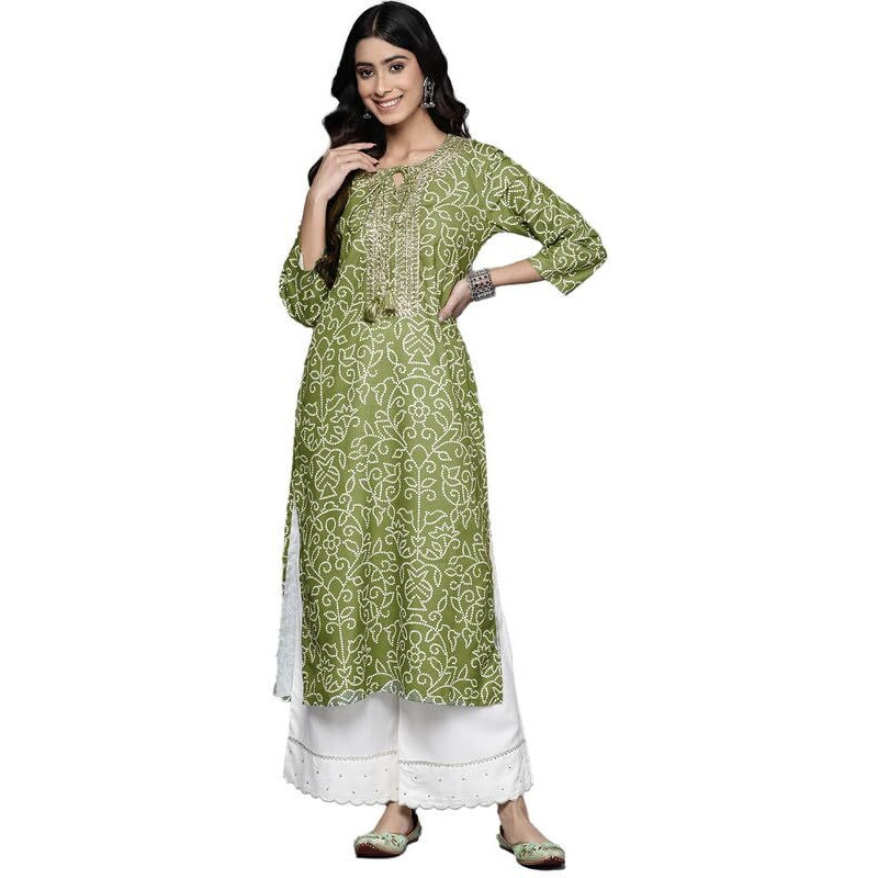 Varanga Women Olive Bhandhani Print Gota Yoke Embroidered Kurta With Round Neck, Tassel Detailing, Three-Quarter Sleeves, Straight Kurta With Side Slits (Medium)