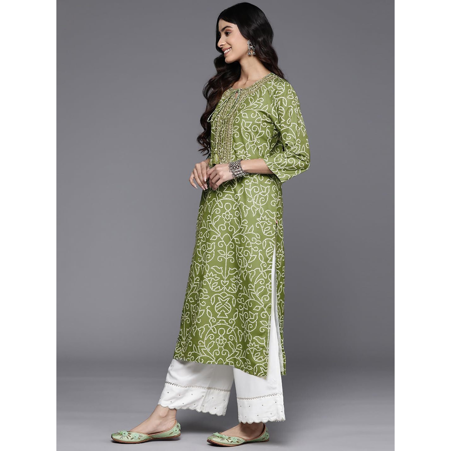 Varanga Women Olive Bhandhani Print Gota Yoke Embroidered Kurta With Round Neck, Tassel Detailing, Three-Quarter Sleeves, Straight Kurta With Side Slits (Medium)