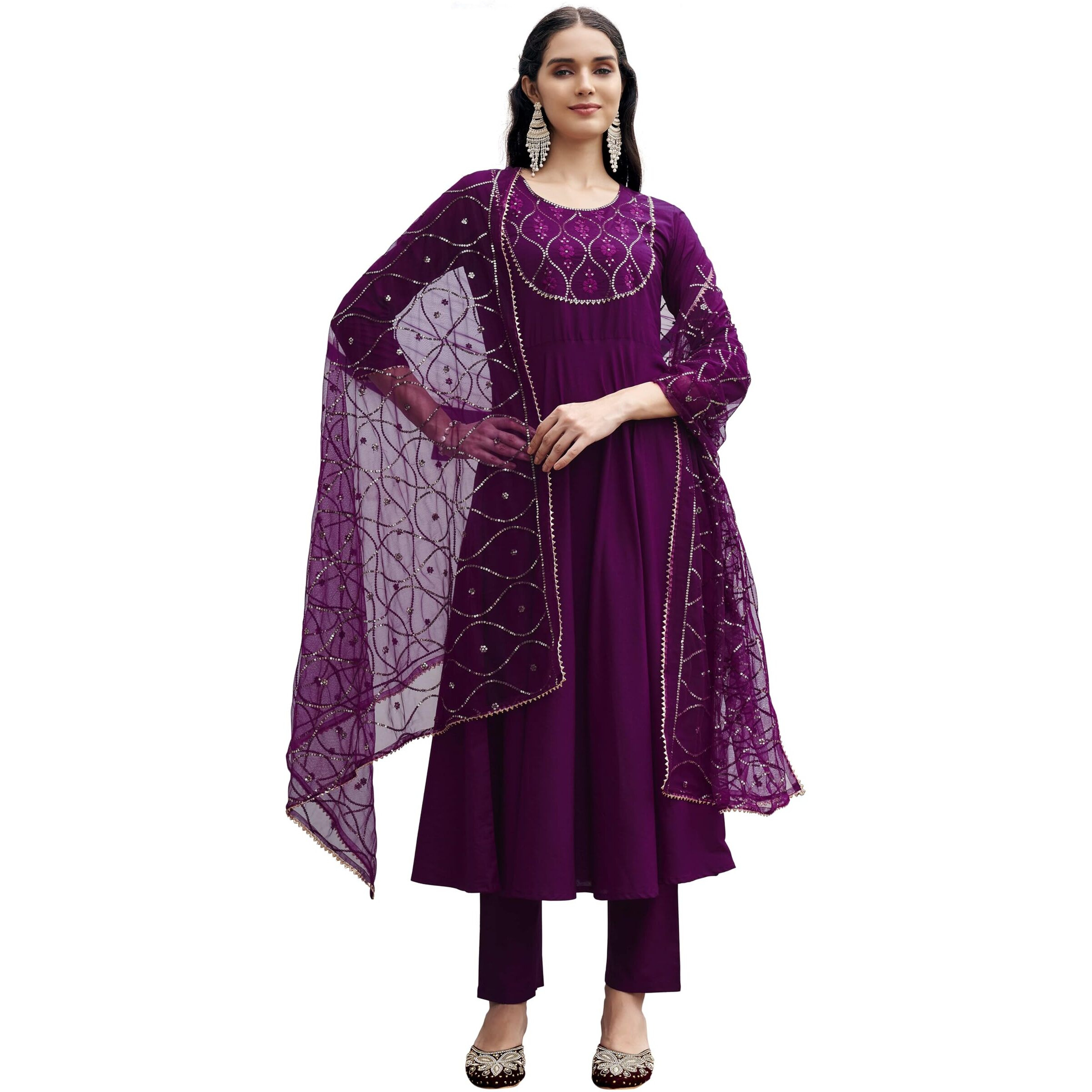 Womanista Women's Wine Color Pure Cotton Sequinns Embroidered Flared Kurta Set(Kurtaset_1368_L)