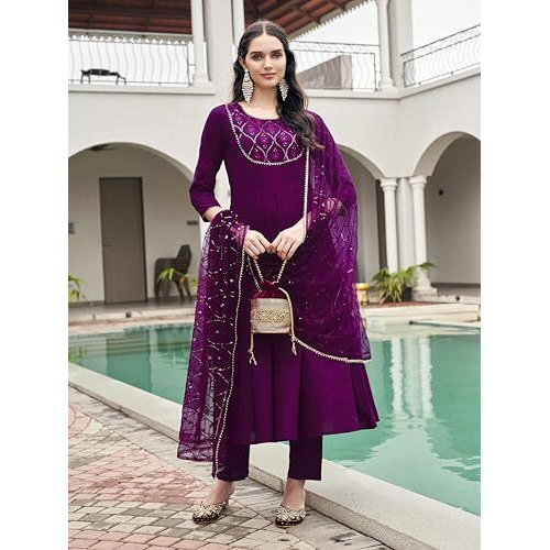 Womanista Women's Wine Color Pure Cotton Sequinns Embroidered Flared Kurta Set(Kurtaset_1368_L)