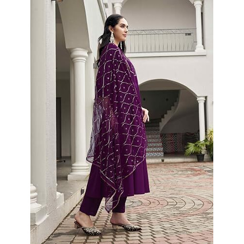 Womanista Women's Wine Color Pure Cotton Sequinns Embroidered Flared Kurta Set(Kurtaset_1368_L)