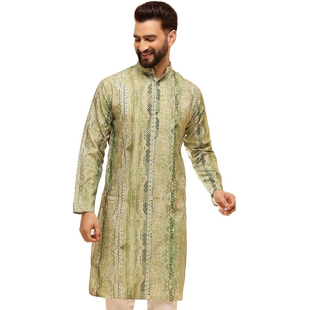 Sojanya (Since 1958 Men's Cotton Silk Green Print Only Long Kurta