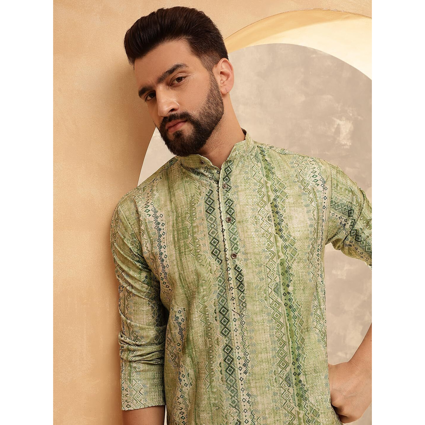 Sojanya (Since 1958 Men's Cotton Silk Green Print Only Long Kurta