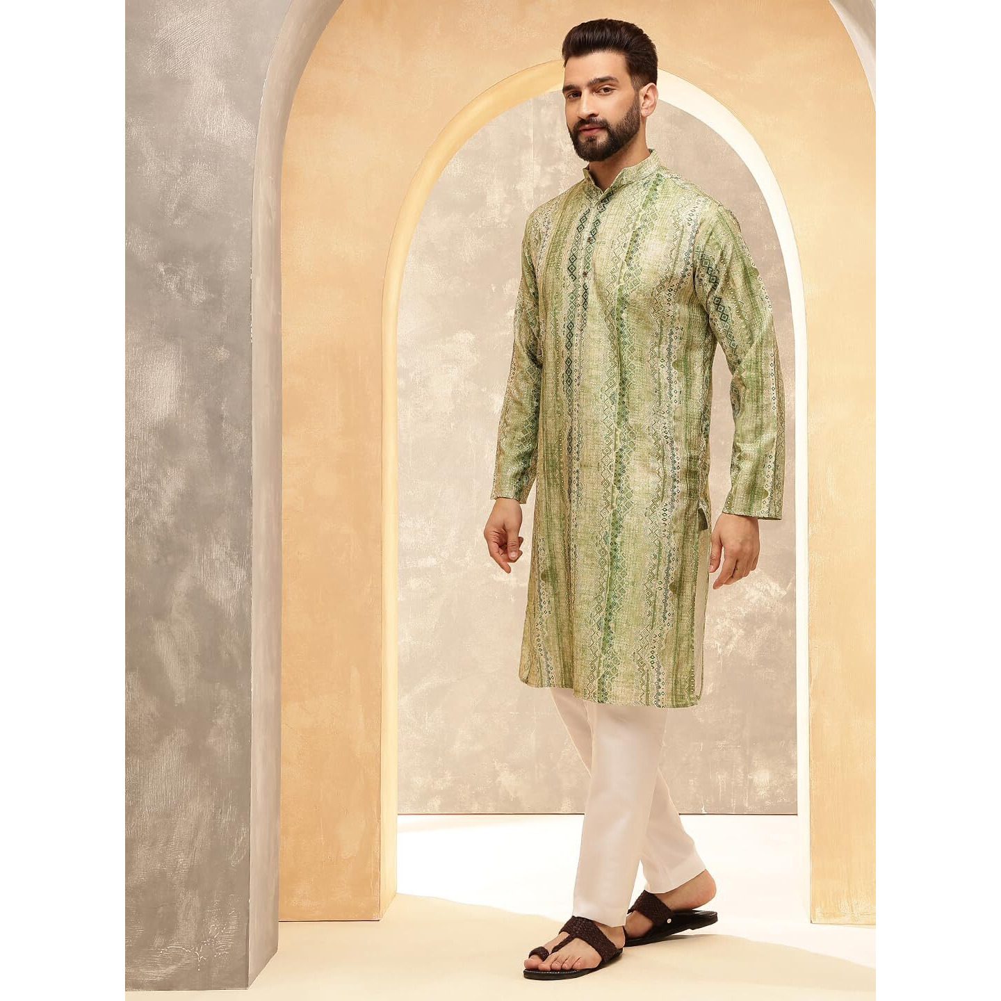 Sojanya (Since 1958 Men's Cotton Silk Green Print Only Long Kurta