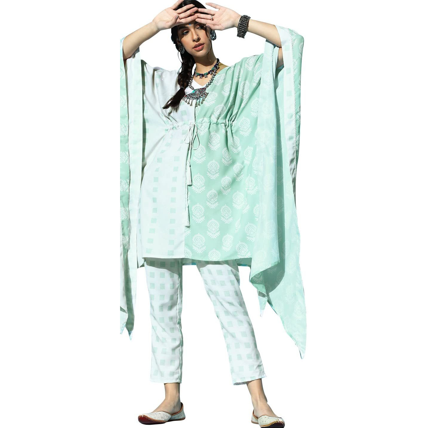 Ziyaa Women's Rayon Salwar Suit Set (Zikury3582Andpa-M_Cream And Green_M)