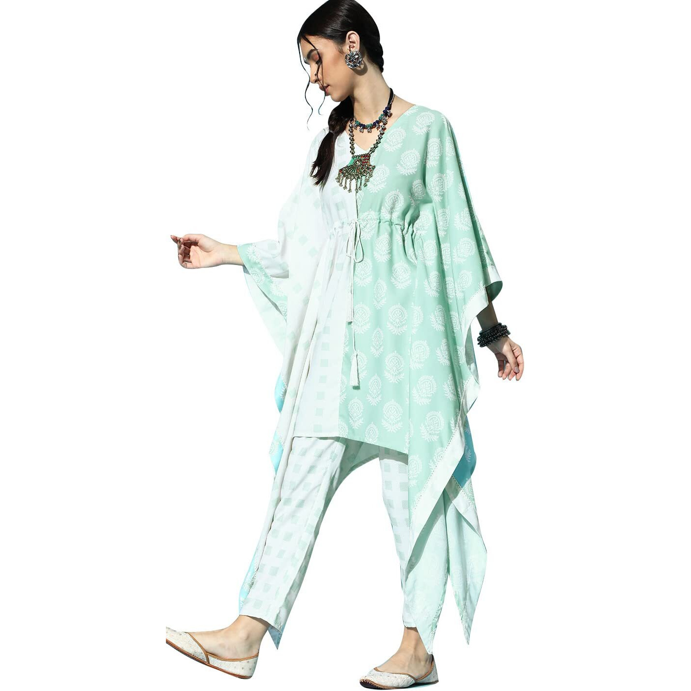 Ziyaa Women's Rayon Salwar Suit Set (Zikury3582Andpa-M_Cream And Green_M)