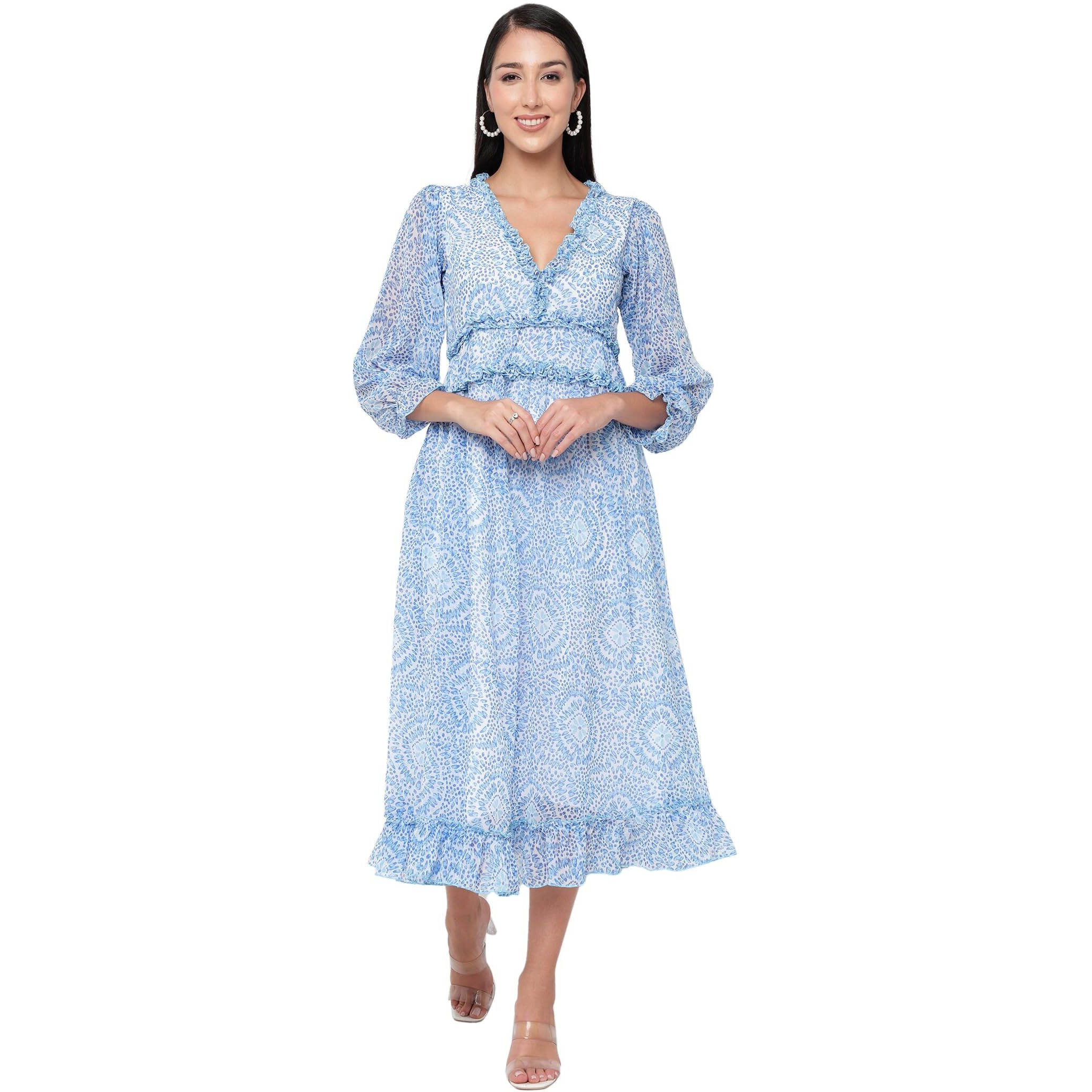 Sugathari Chiffon Sky Blue Ditsy Floral Deep V-Neck Ruffle Hem Western Dresses For Women (Dress2 88 Sky Blue M)