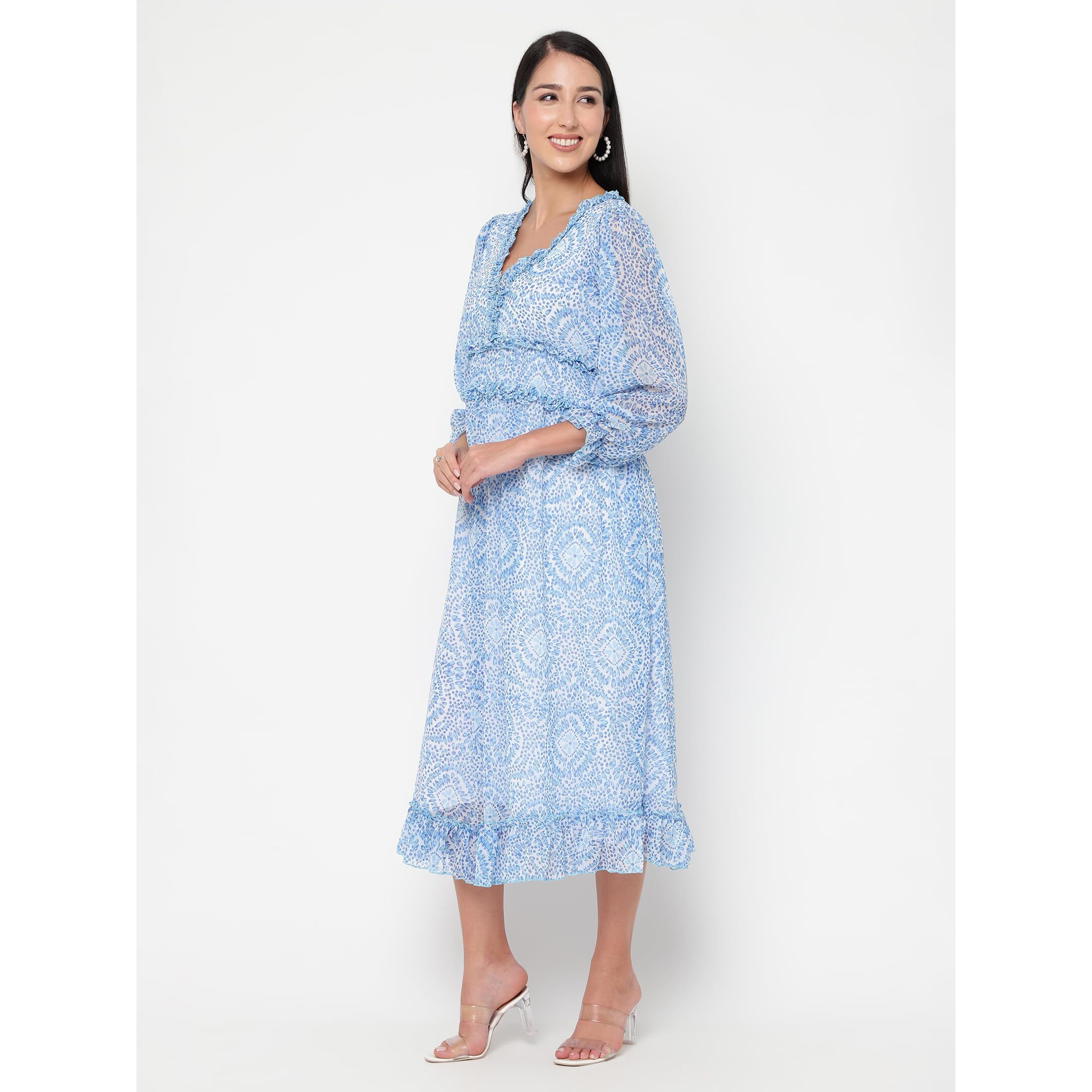 Sugathari Chiffon Sky Blue Ditsy Floral Deep V-Neck Ruffle Hem Western Dresses For Women (Dress2 88 Sky Blue M)