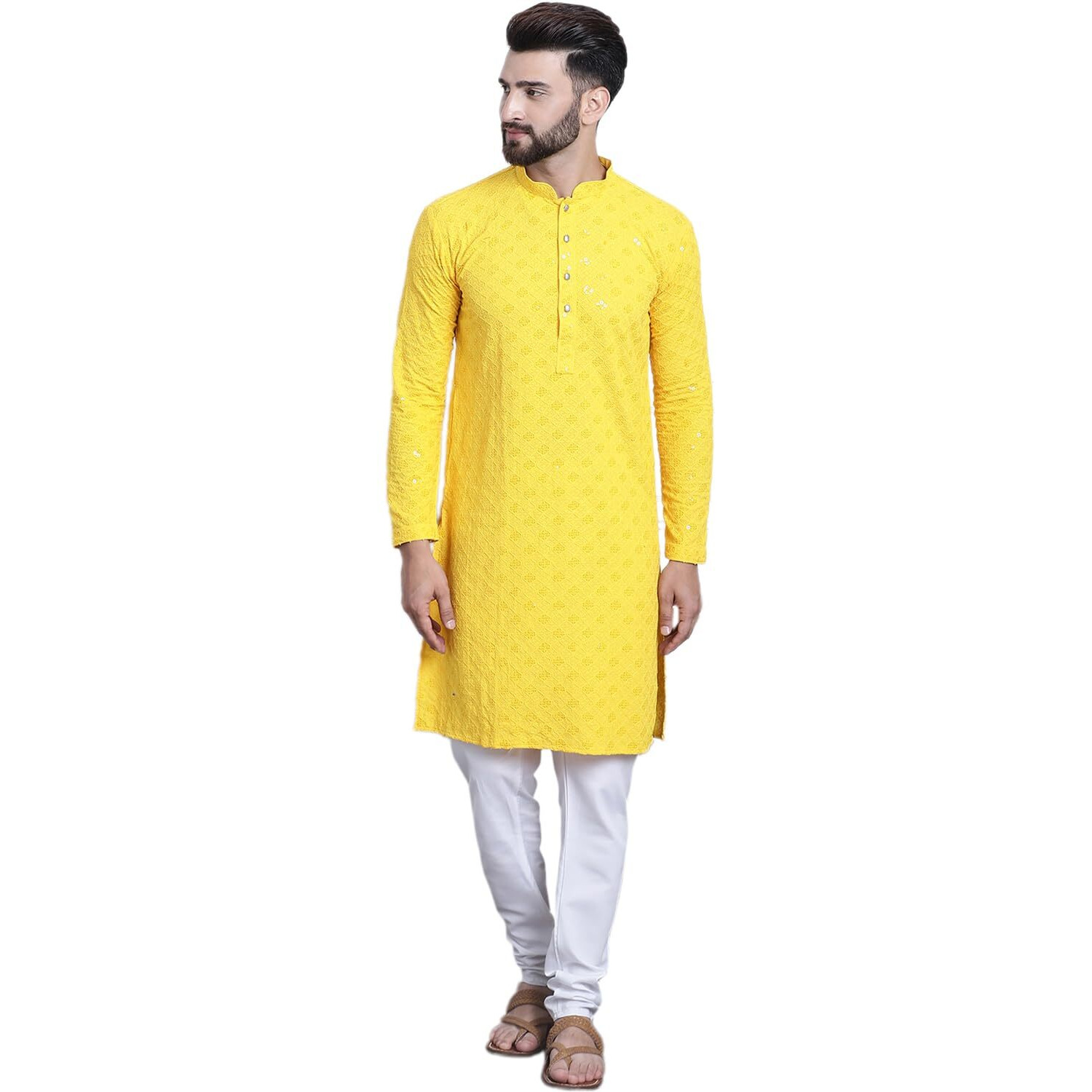 Sojanya (Since 1958 Men's Pure Cotton Yellow Sequence Kurta & White Pyjama Set