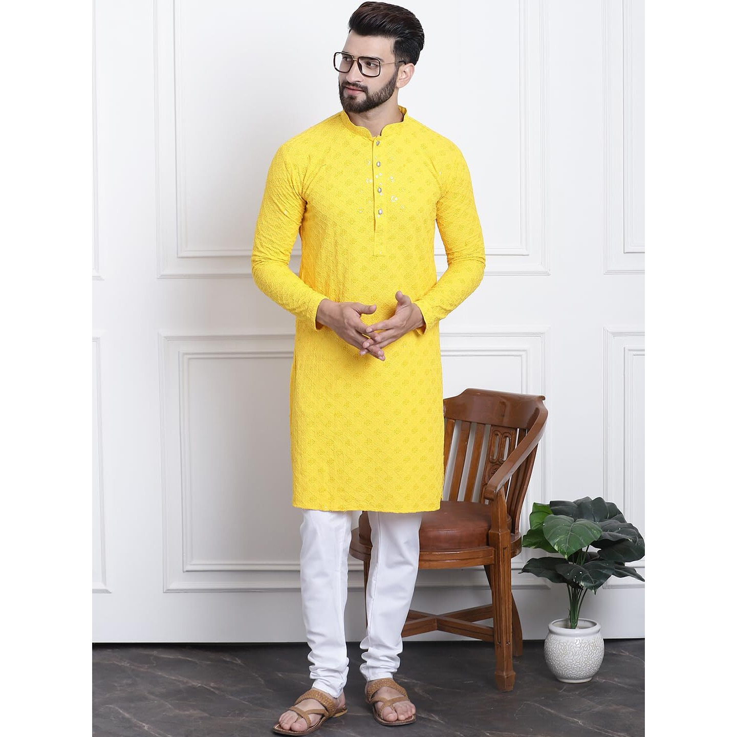 Sojanya (Since 1958 Men's Pure Cotton Yellow Sequence Kurta & White Pyjama Set