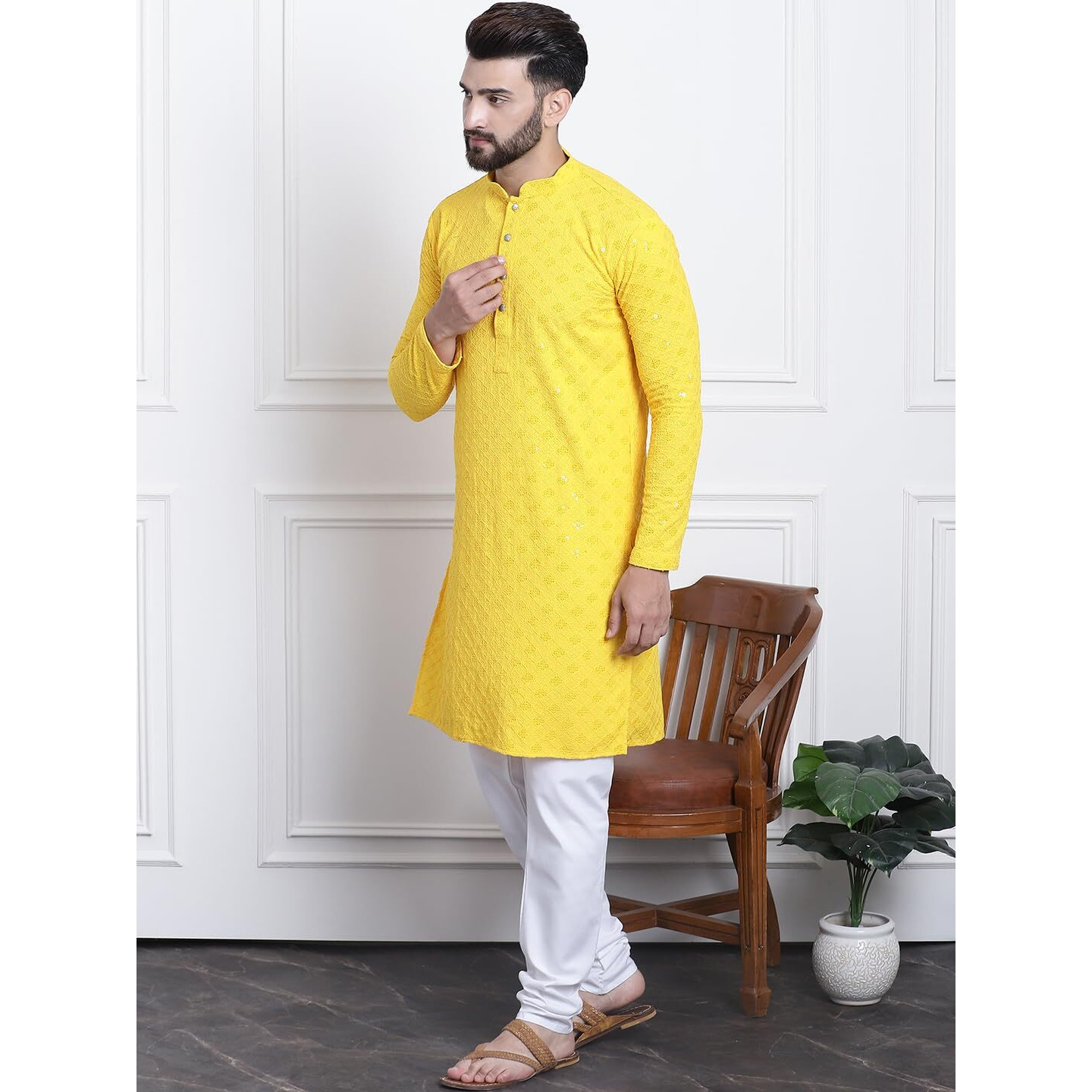 Sojanya (Since 1958 Men's Pure Cotton Yellow Sequence Kurta & White Pyjama Set
