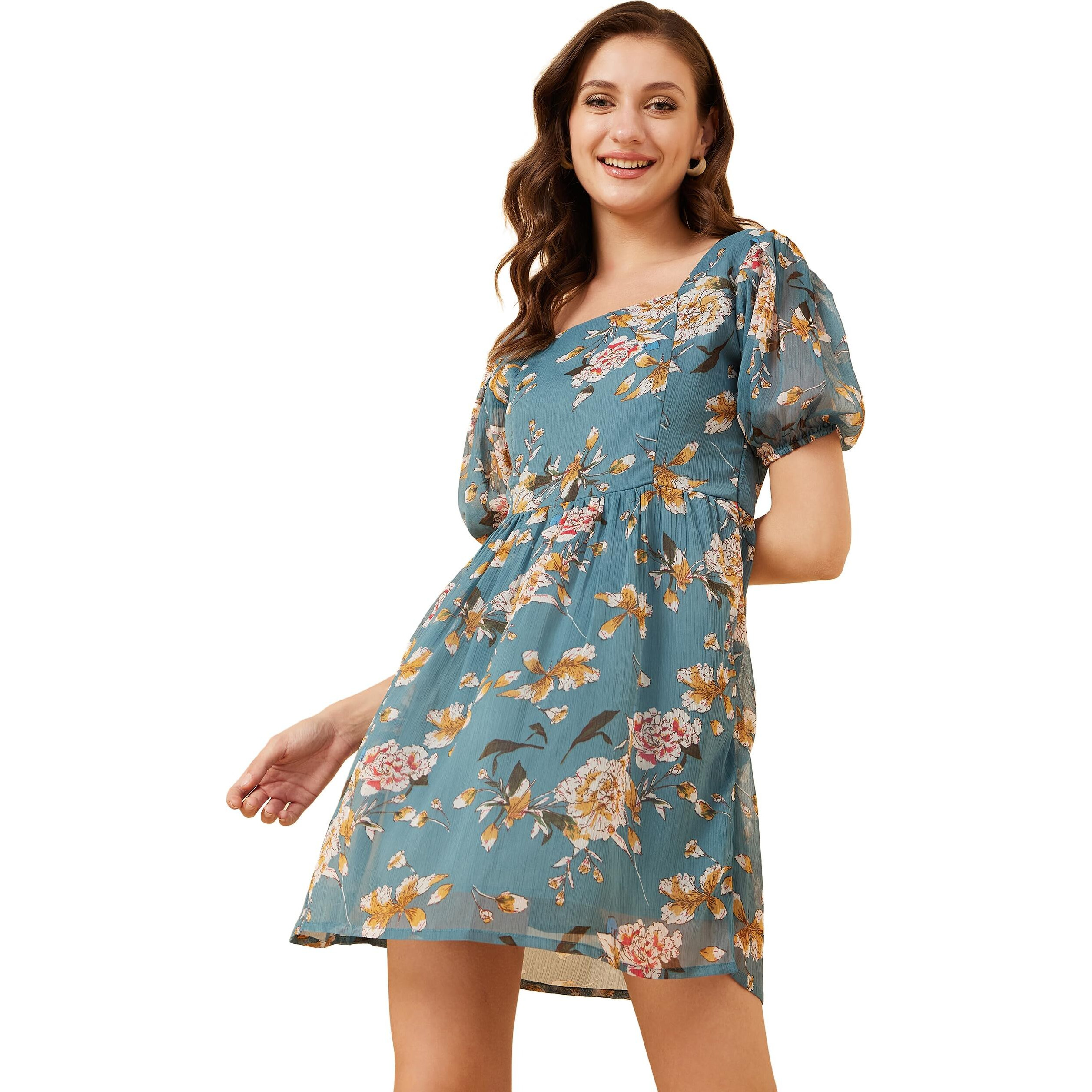 Rare Women's Chiffon A-Line Mini Casual Dress (Ep7551_Teal_L)