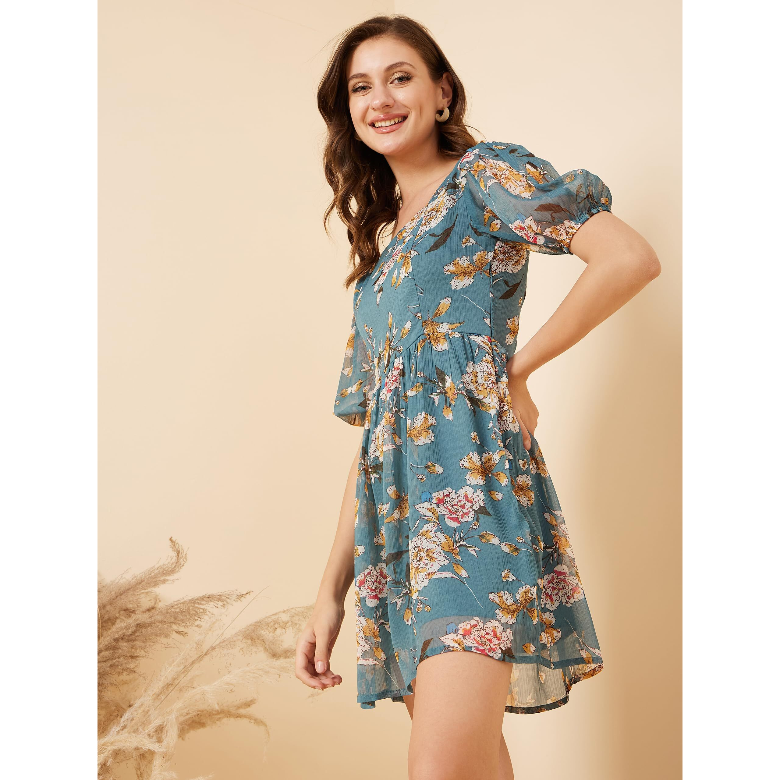 Rare Women's Chiffon A-Line Mini Casual Dress (Ep7551_Teal_L)